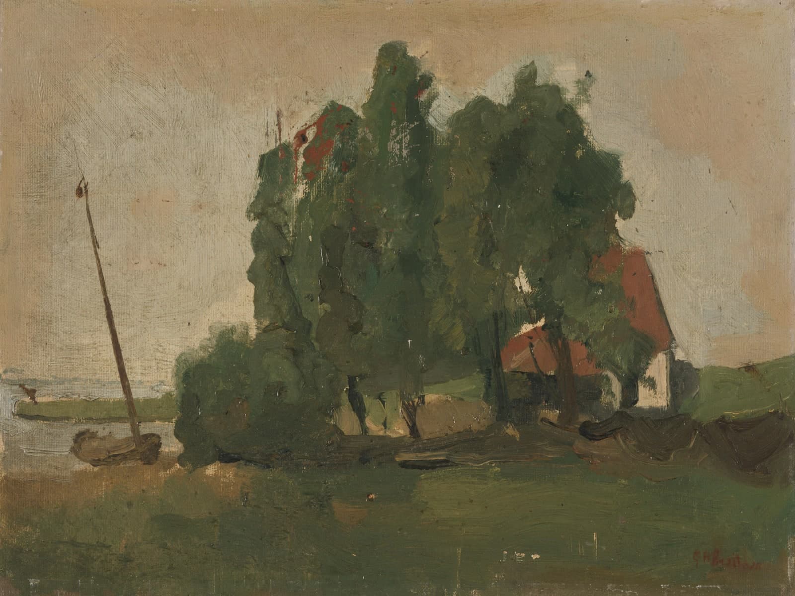 Boerderij met bomen aan het water