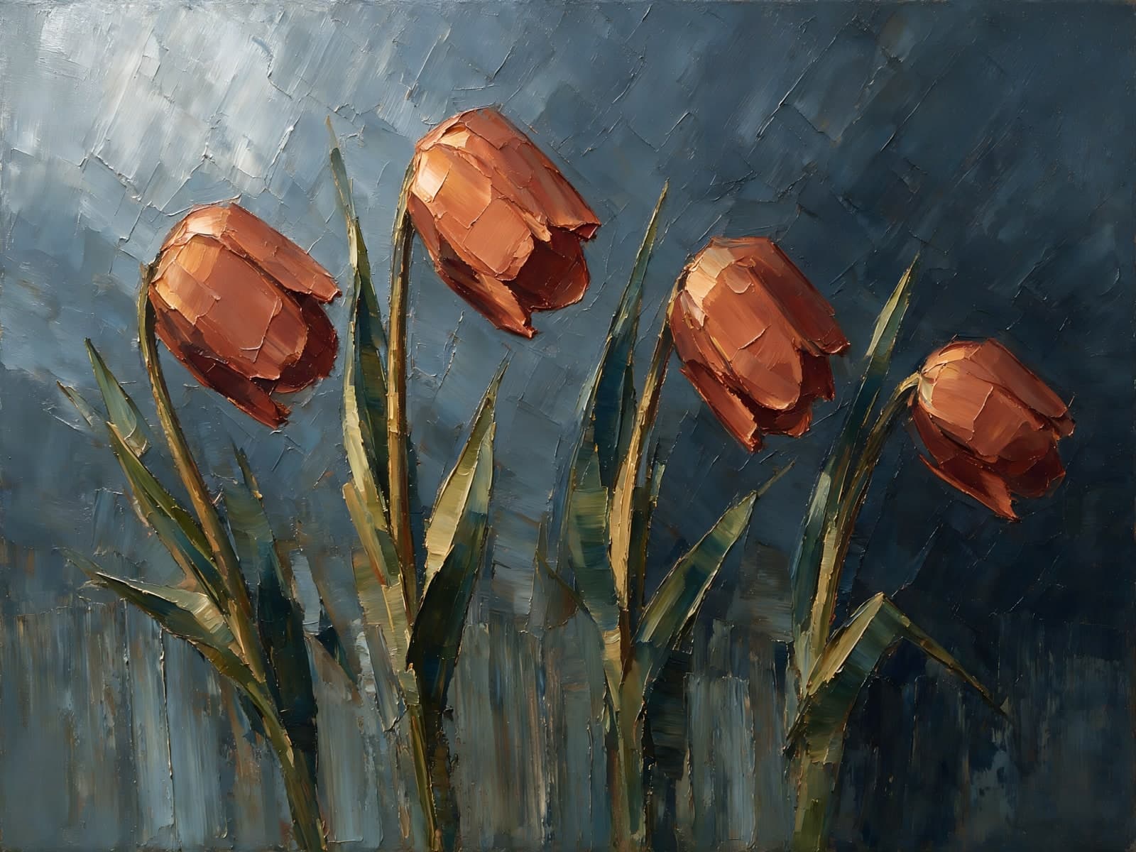 Koperrode tulpen tegen blauwgrijze achtergrond