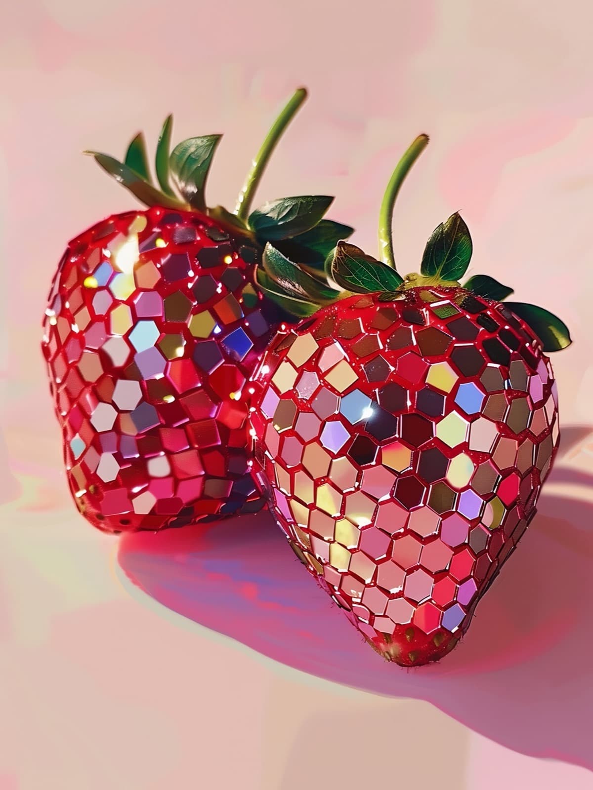 Twee aardbeien van glinsterende spiegeltegeltjes
