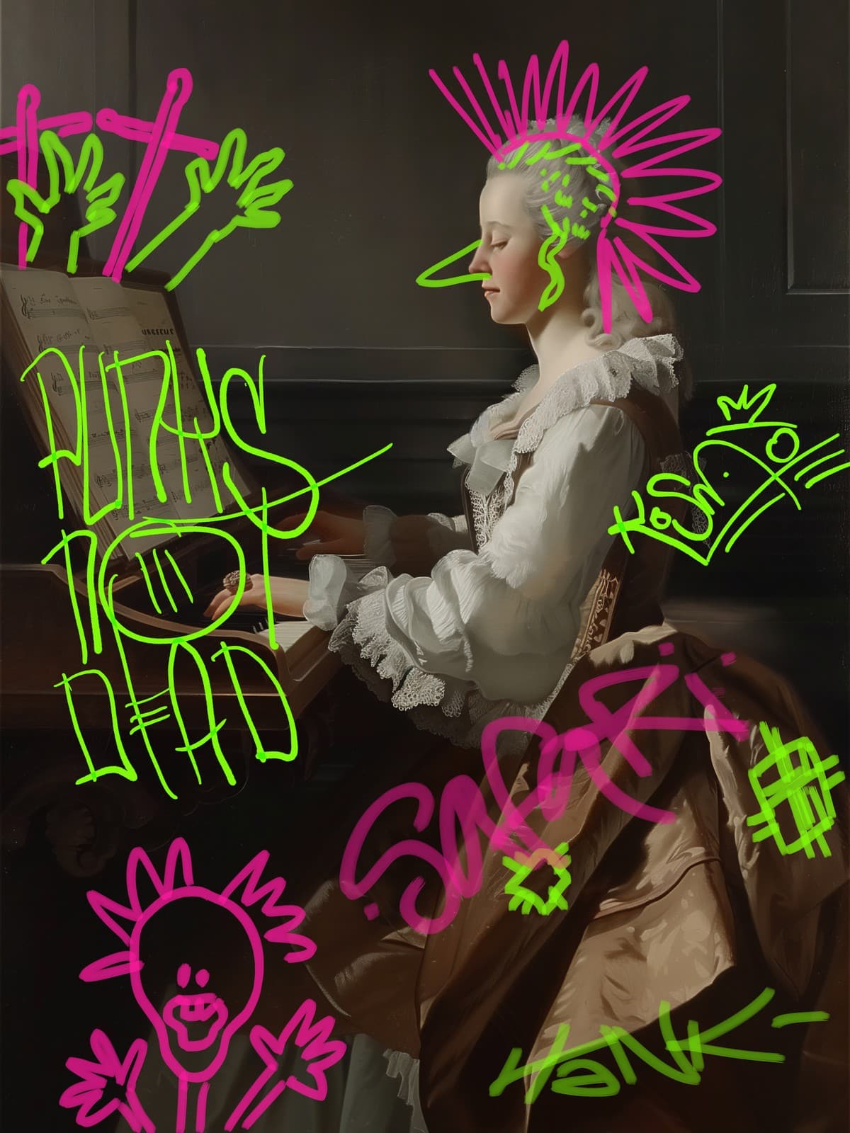 Vrouw aan de piano met groene punkkuif