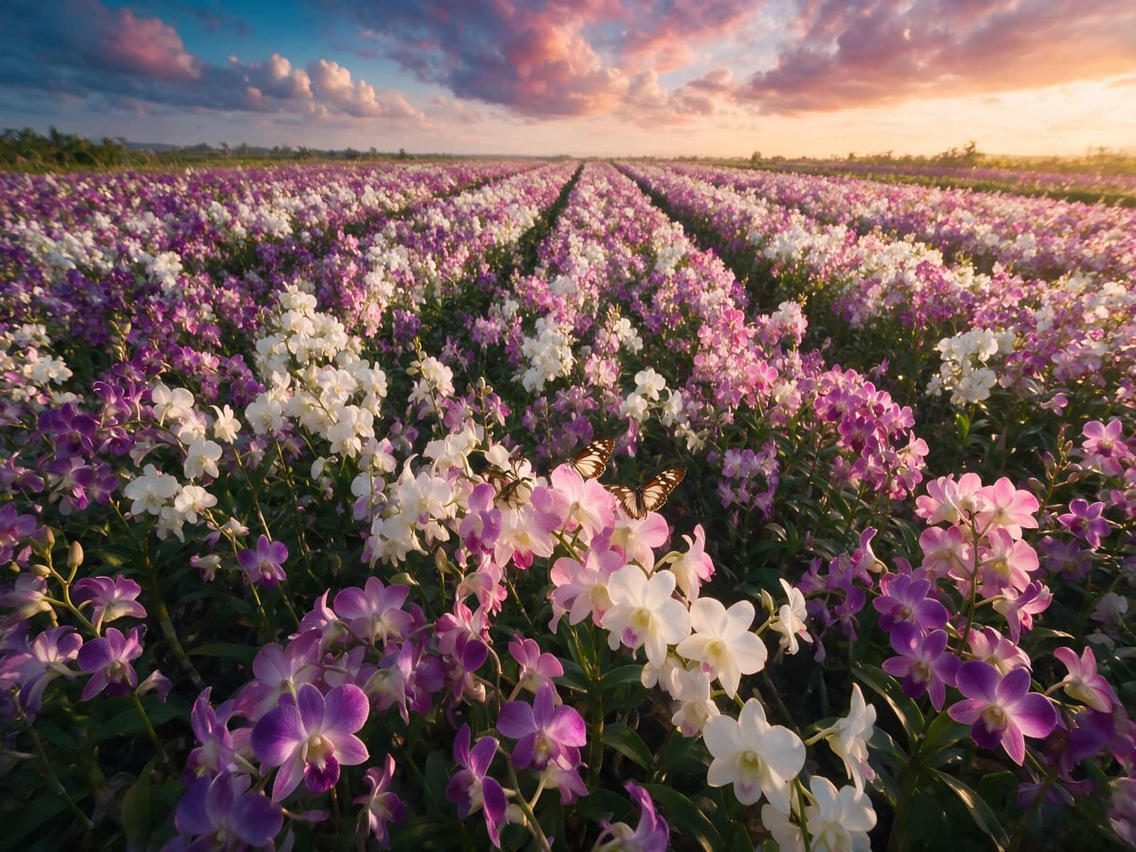 Paarse en witte bloemen in lange rijen