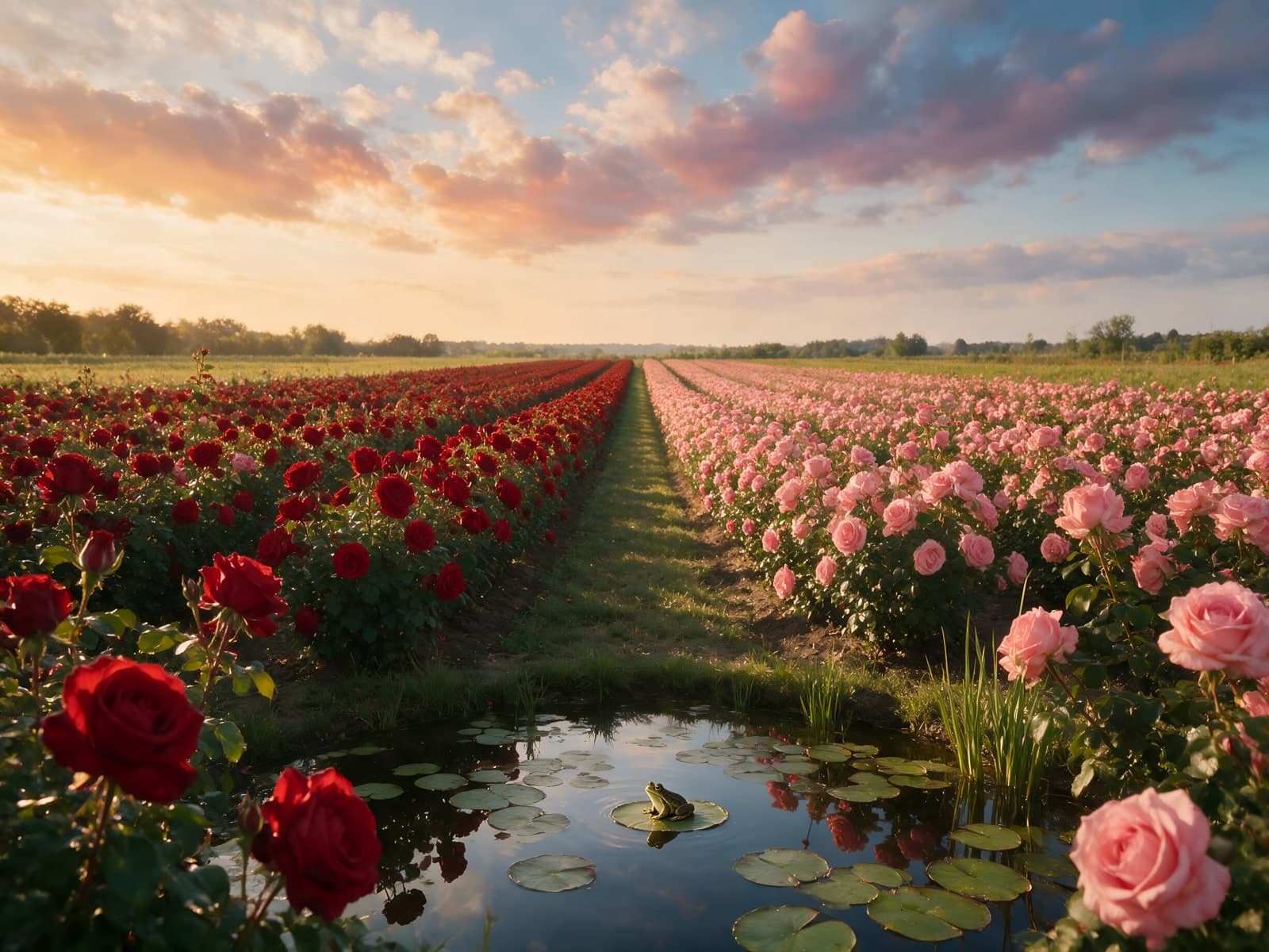 Rozenvelden met vijver bij zonsondergang