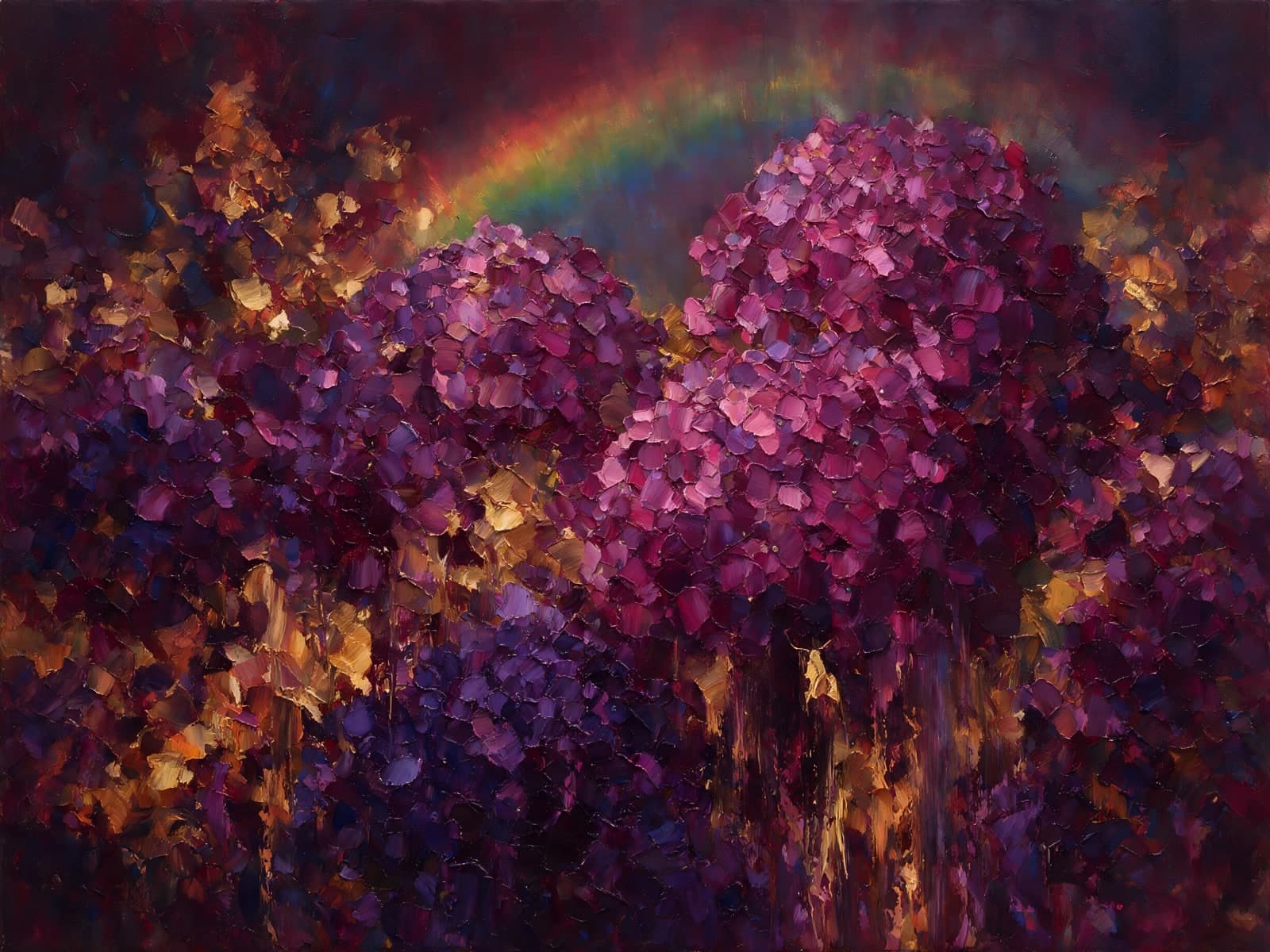 Paarse bloemen onder een regenboog