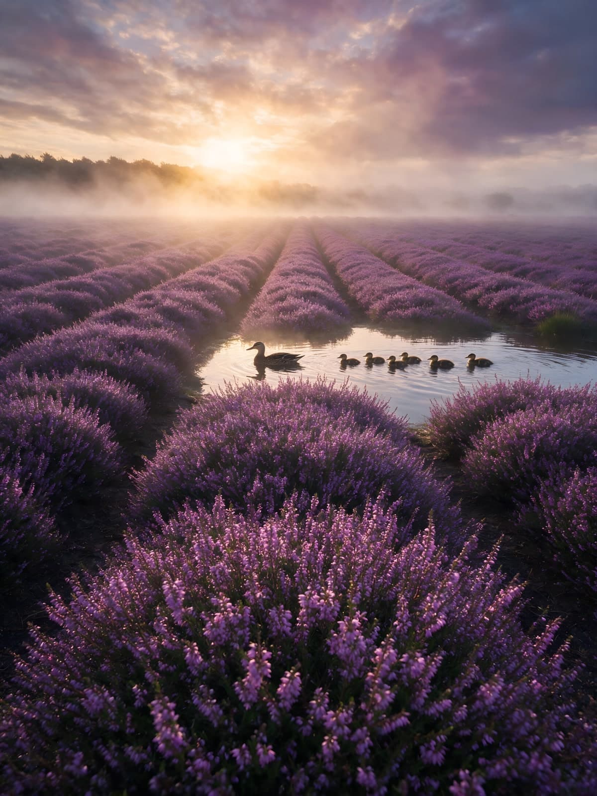 Lavendelvelden met eendjes bij zonsopgang