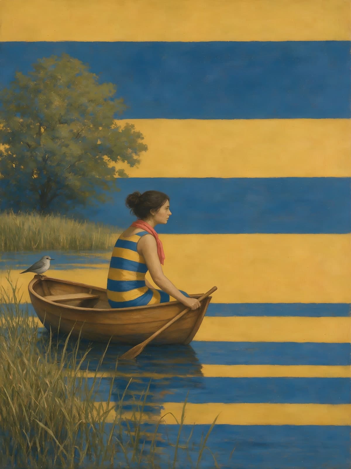 Roeiboot op blauw en geel gestreept water