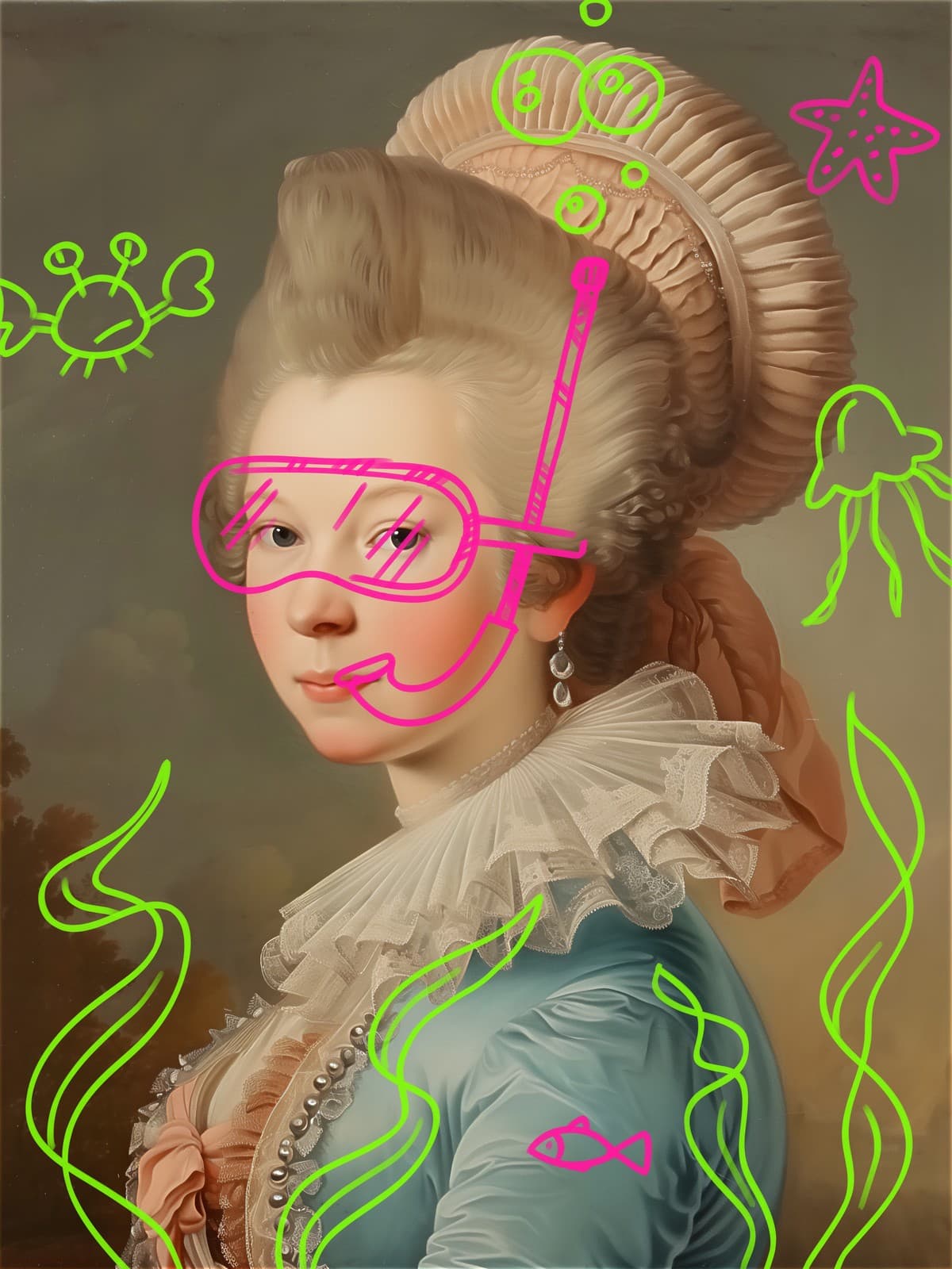 Dame met roze duikbril en krabben