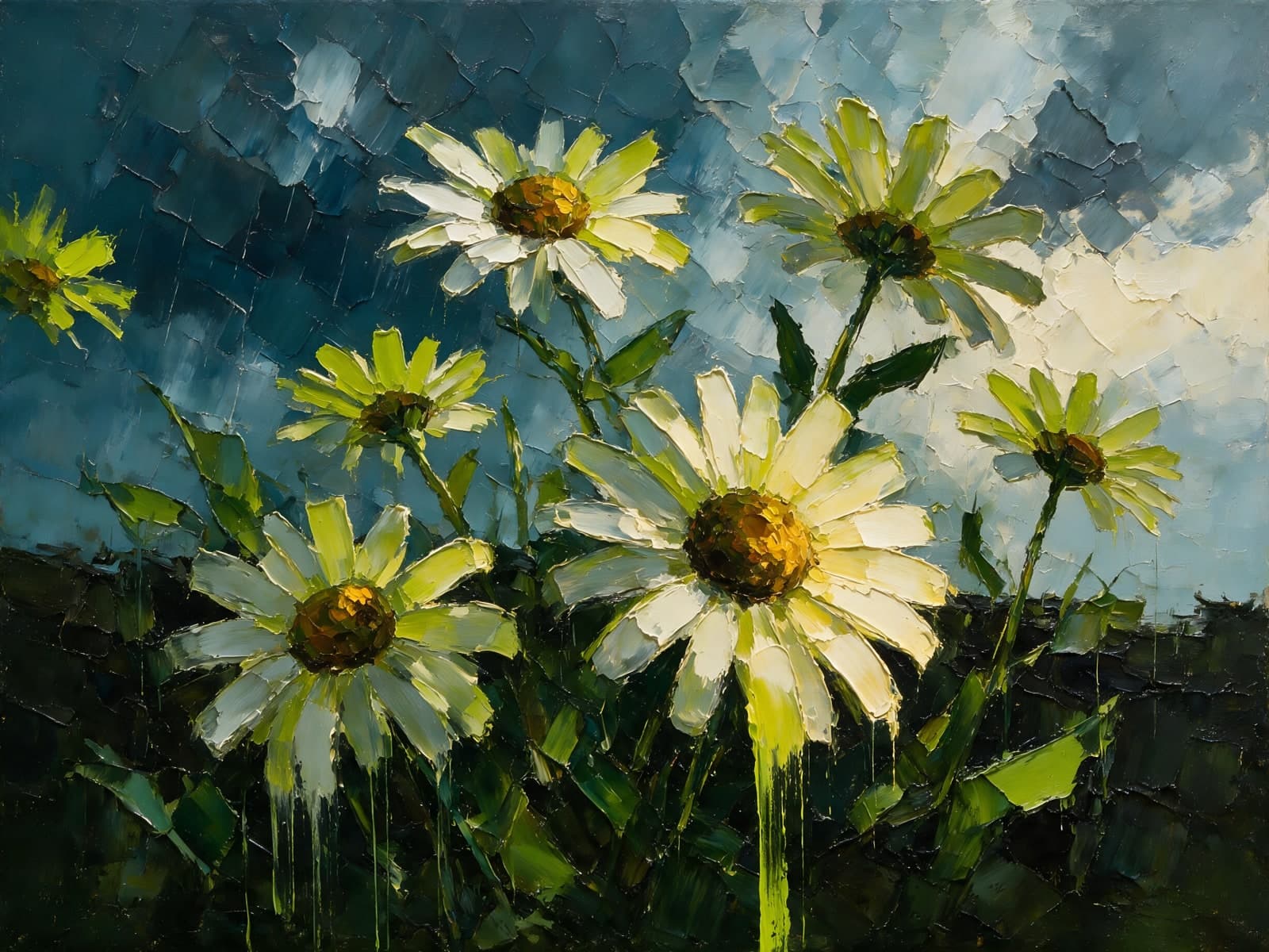 Witte margrieten onder een donkere lucht