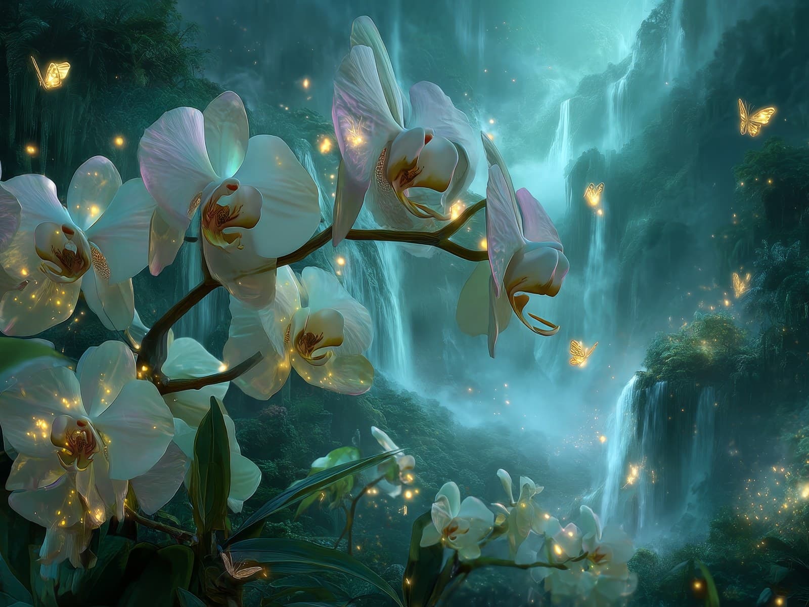 Witte orchideeën bij een turkooizen waterval