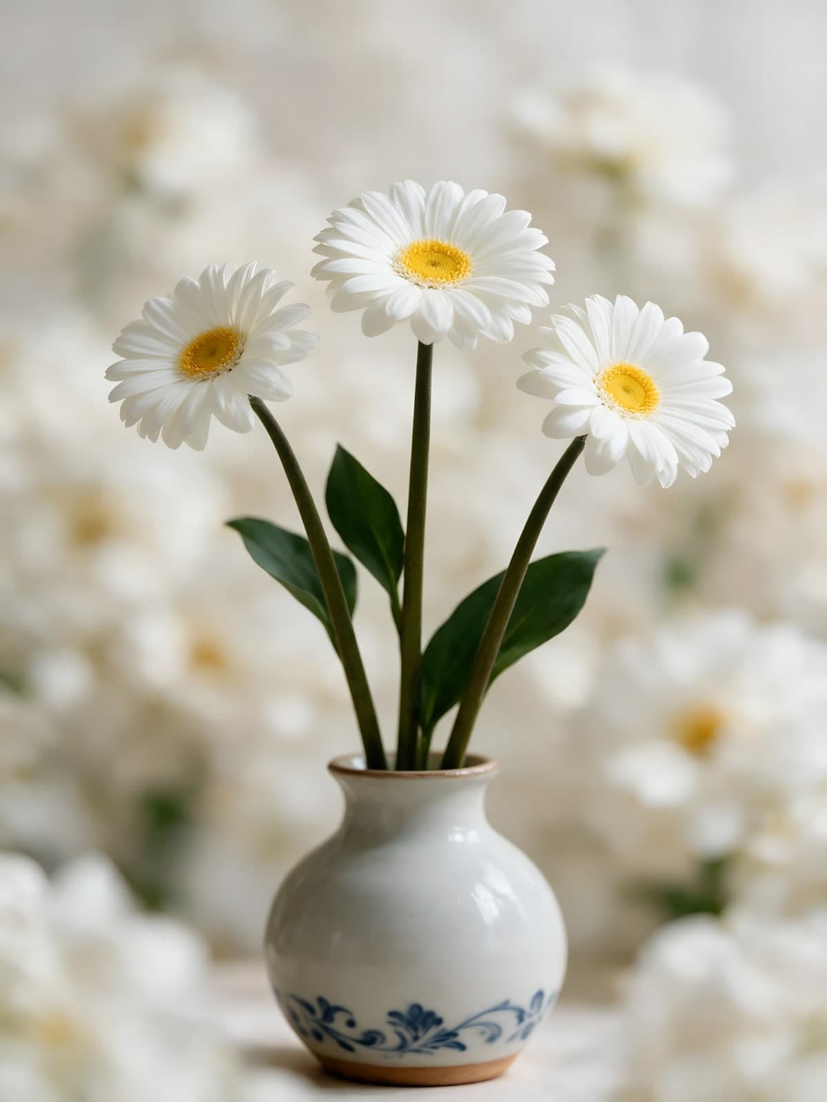 Margrieten in een wit porseleinen vaasje