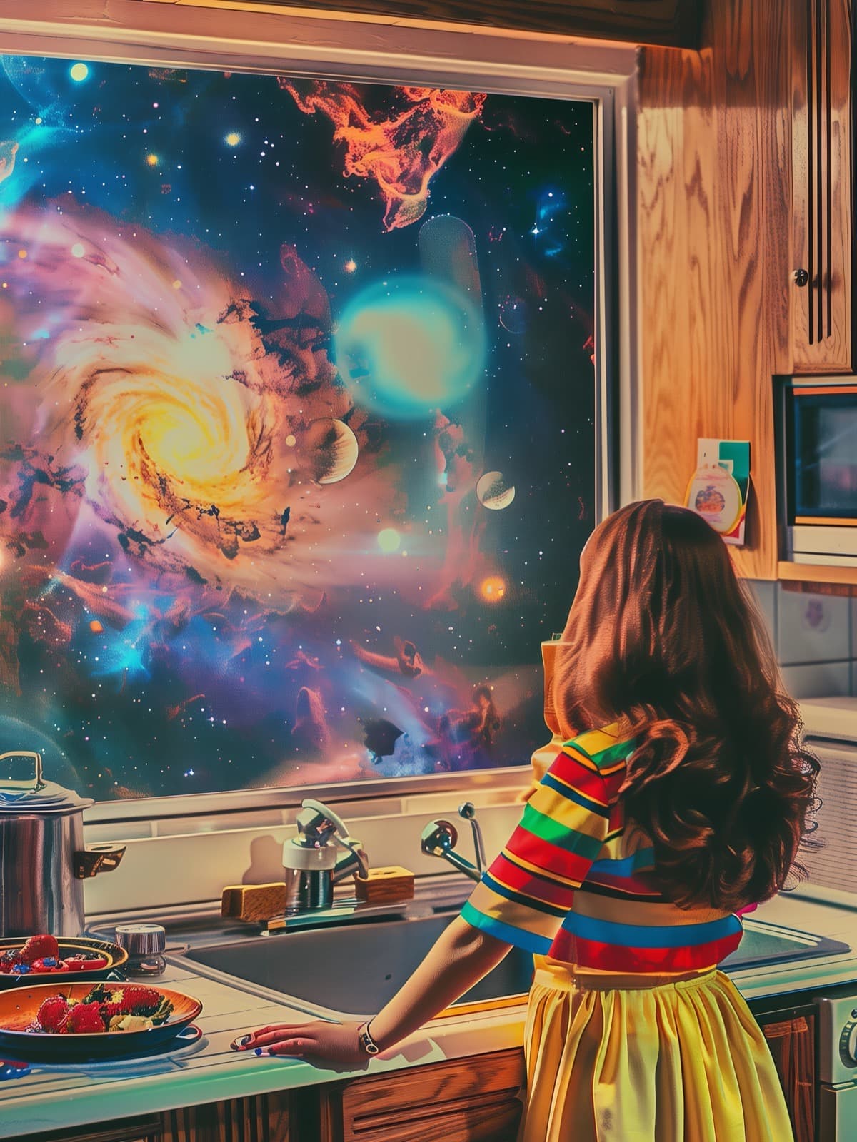 Keuken met sterrenstelsel achter het raam
