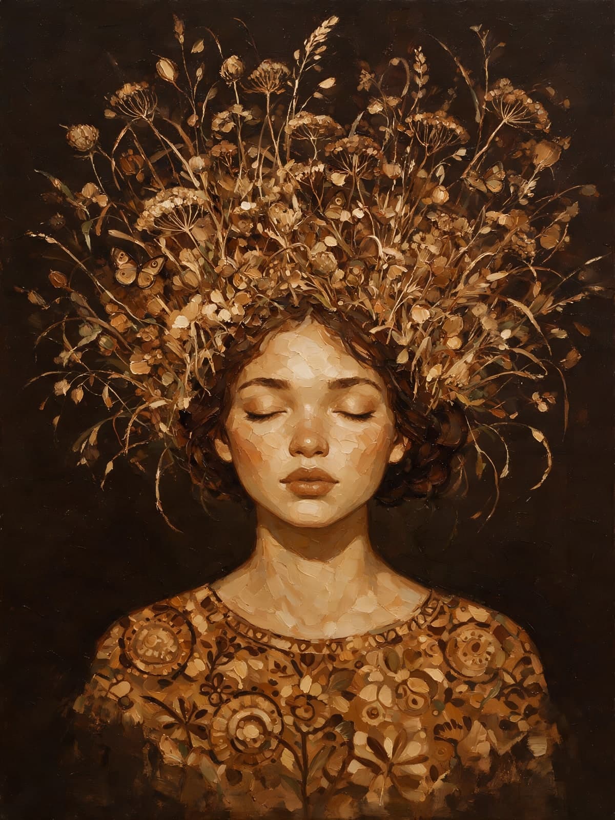 Meisje met gouden kroon van droogbloemen