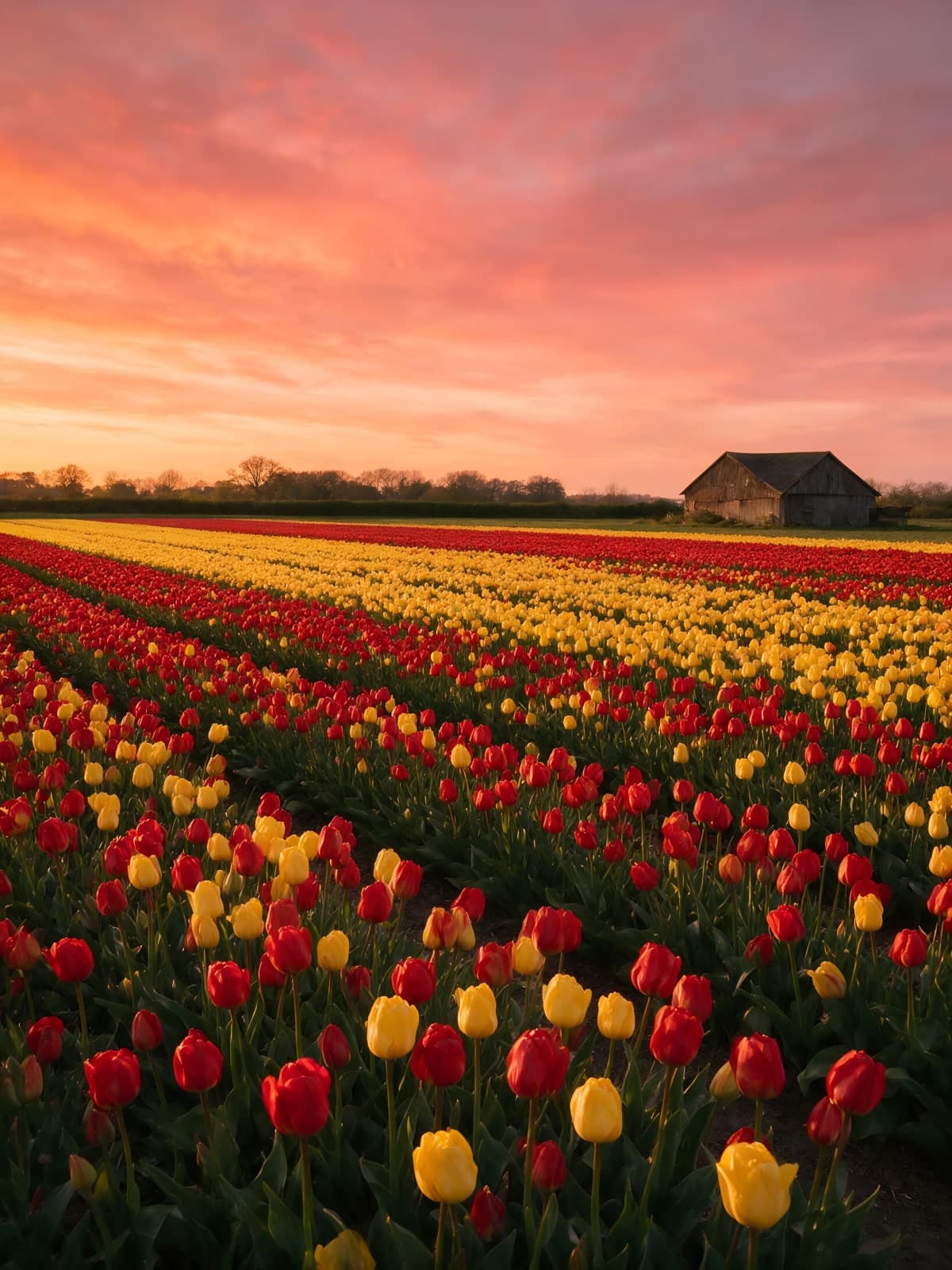 Tulpenvelden met schuur onder roze lucht