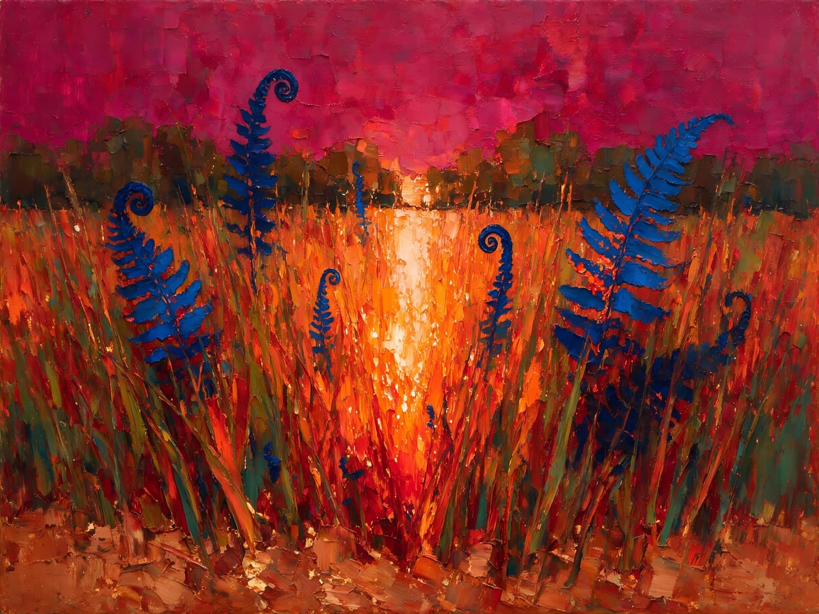 Blauwe varens voor een rode zonsondergang