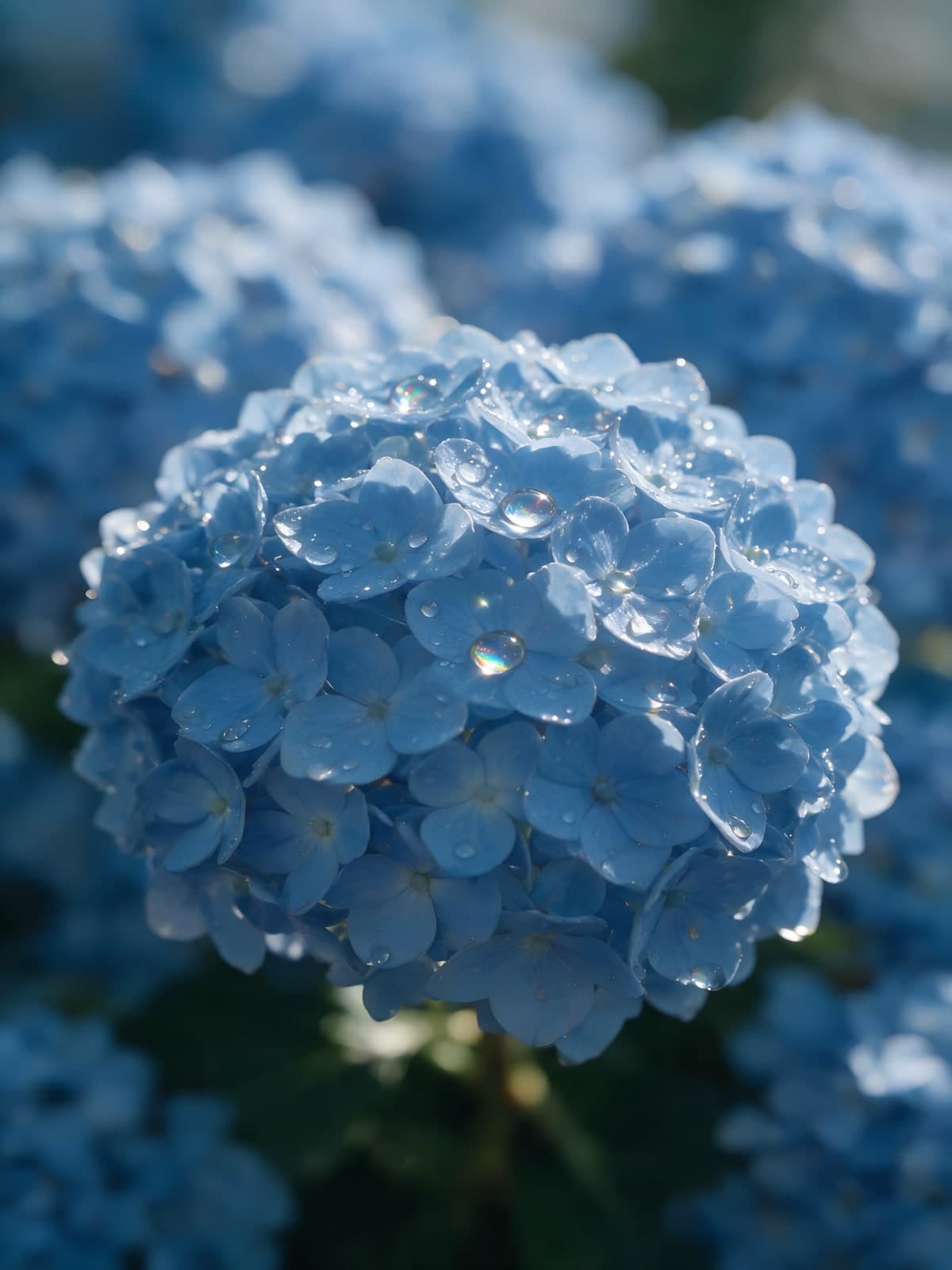 Bol van blauwe hortensiabloemetjes vol druppels