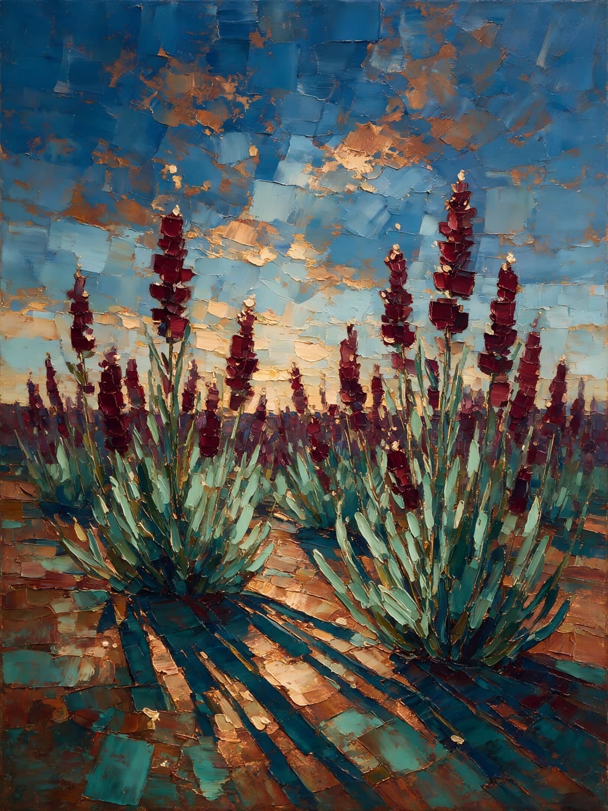 Bloeiende agaves met lange schaduwen