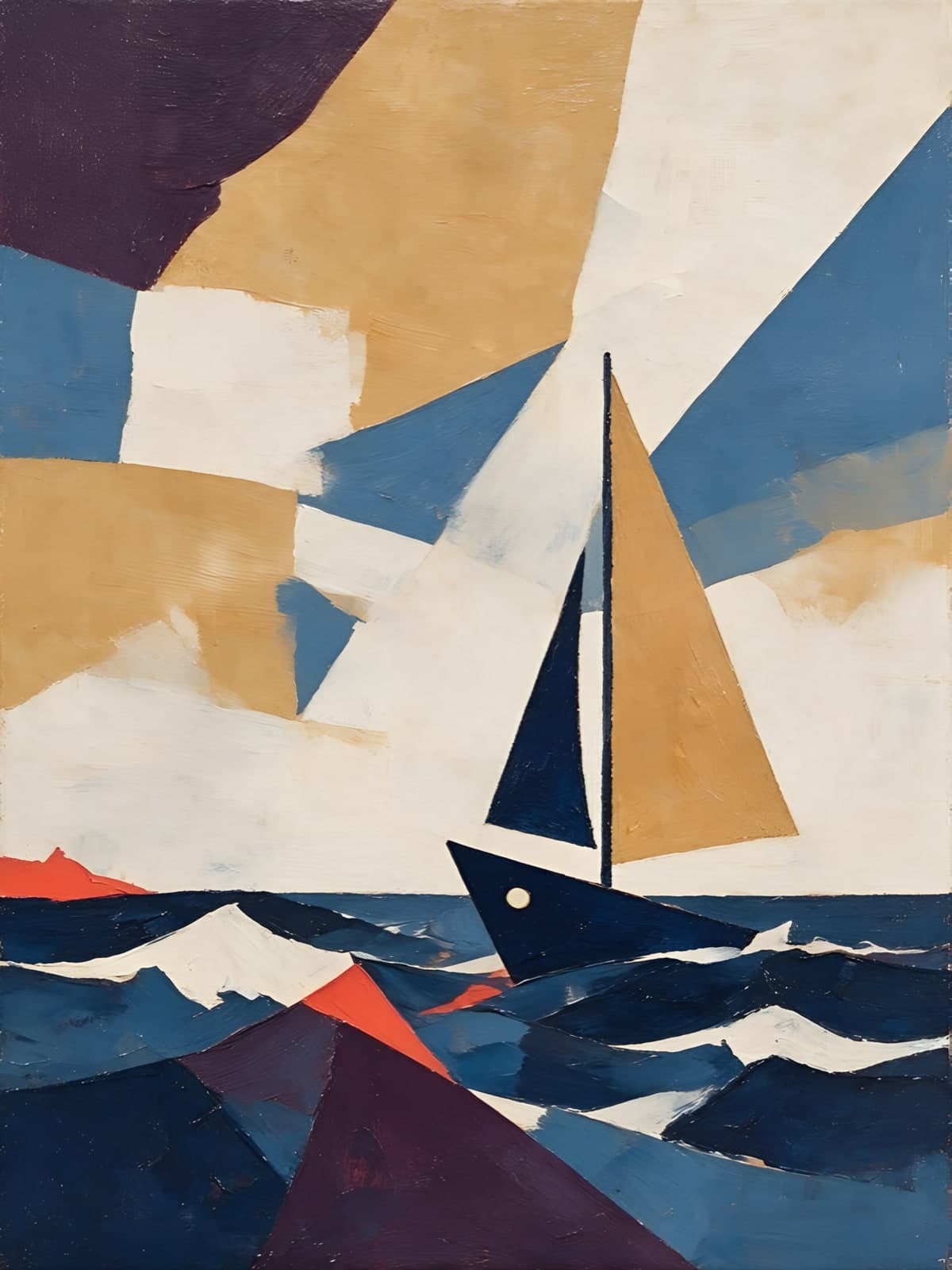 Zeilboot tussen blauwe en beige vlakken