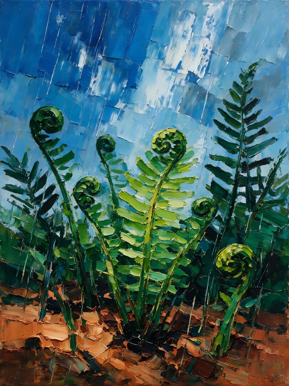 Opkrullende varens onder blauwe lucht