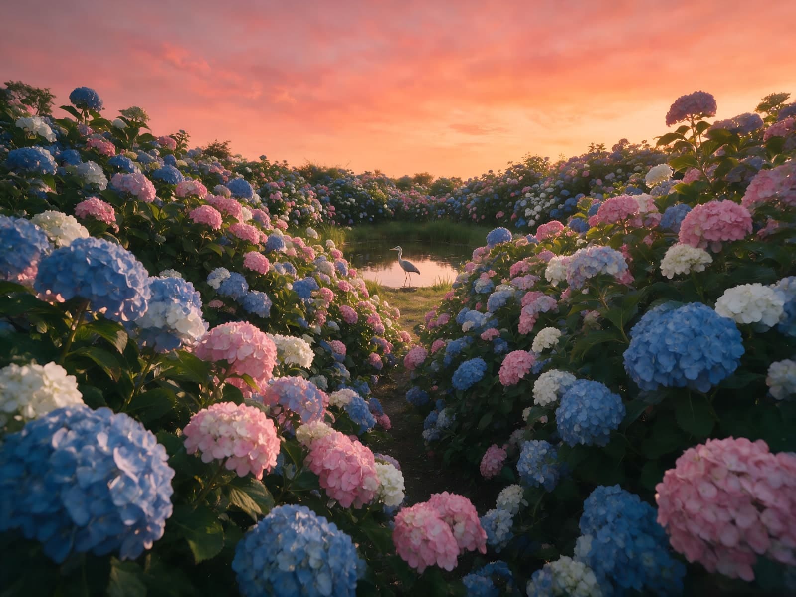 Roze en blauwe hortensia's bij zonsondergang