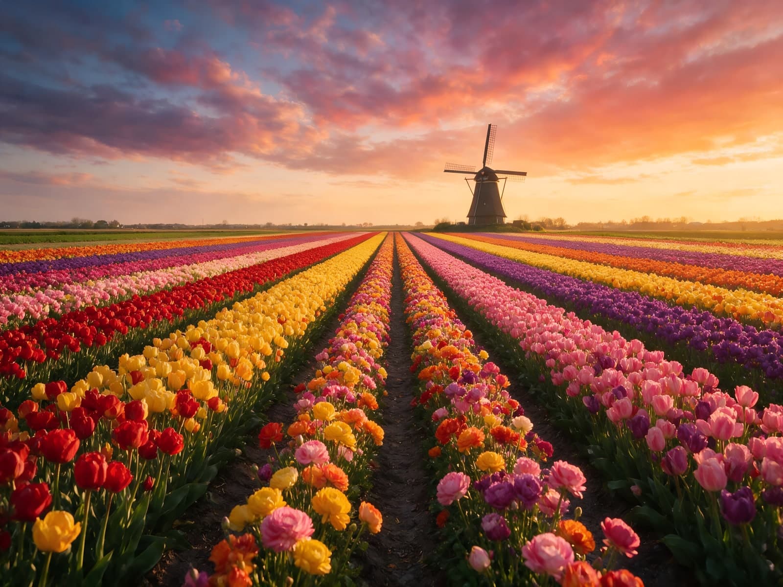 Tulpenvelden in rijen naar een molen