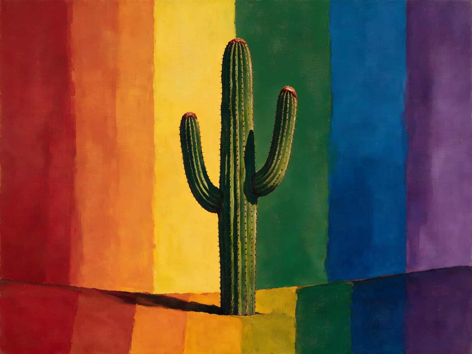 Hoge cactus voor een regenboog van vlakken