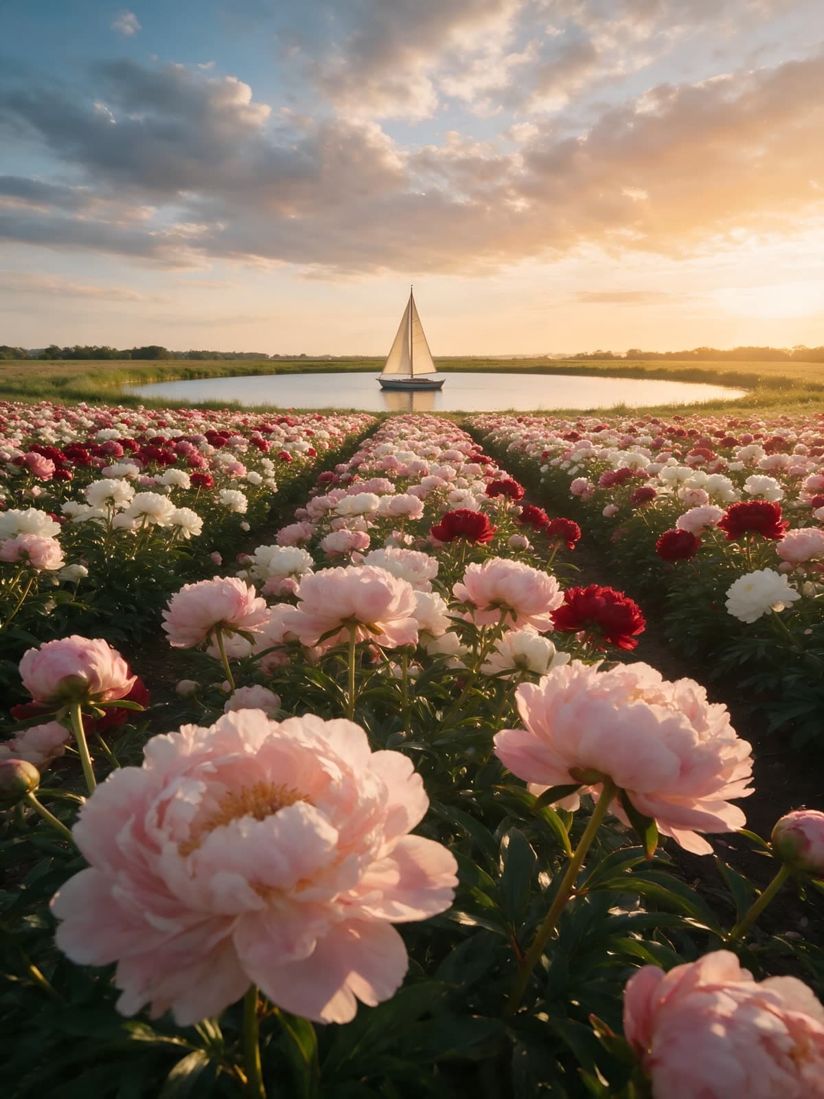 Pioenrozen in bloei met zeilboot