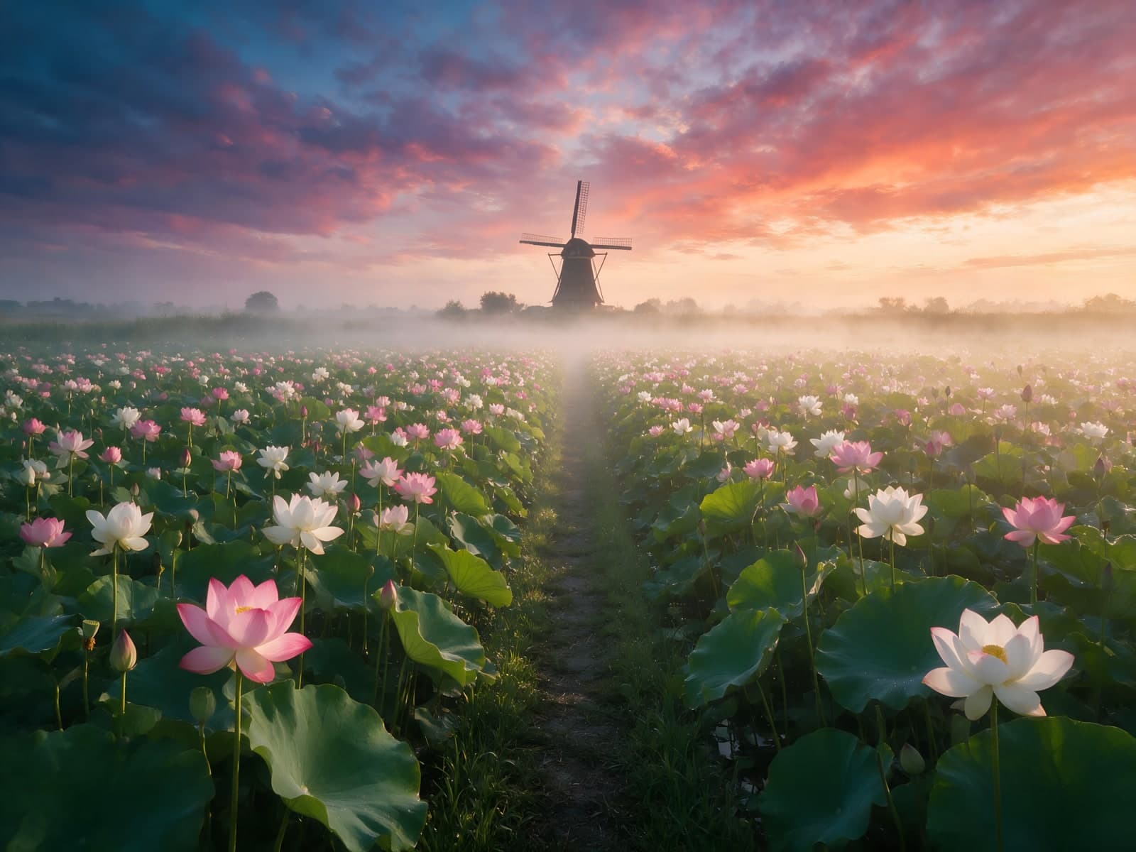 Lotusveld met molen in roze ochtendmist