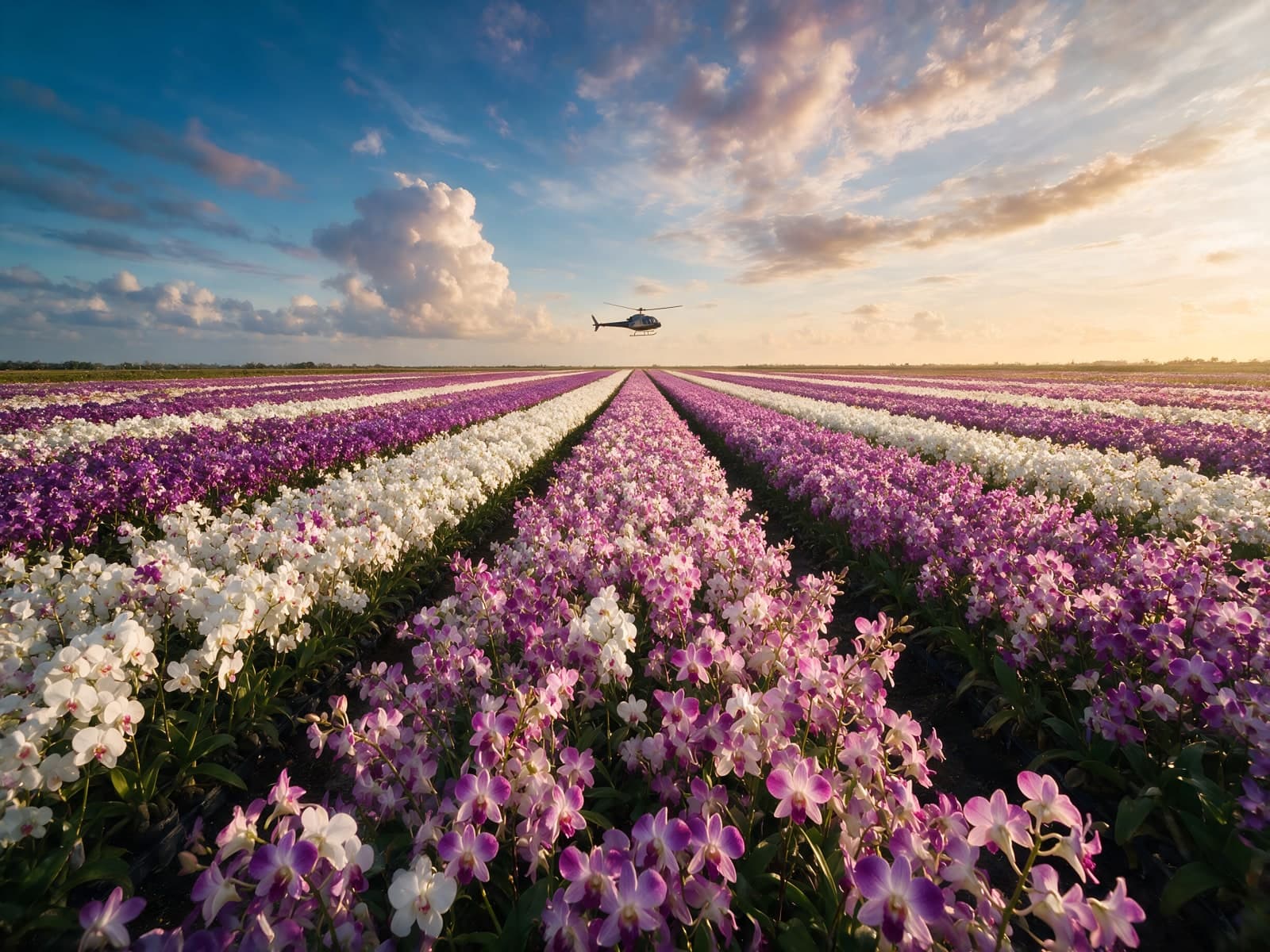 Paarse en witte bloemenrijen onder wolkenlucht