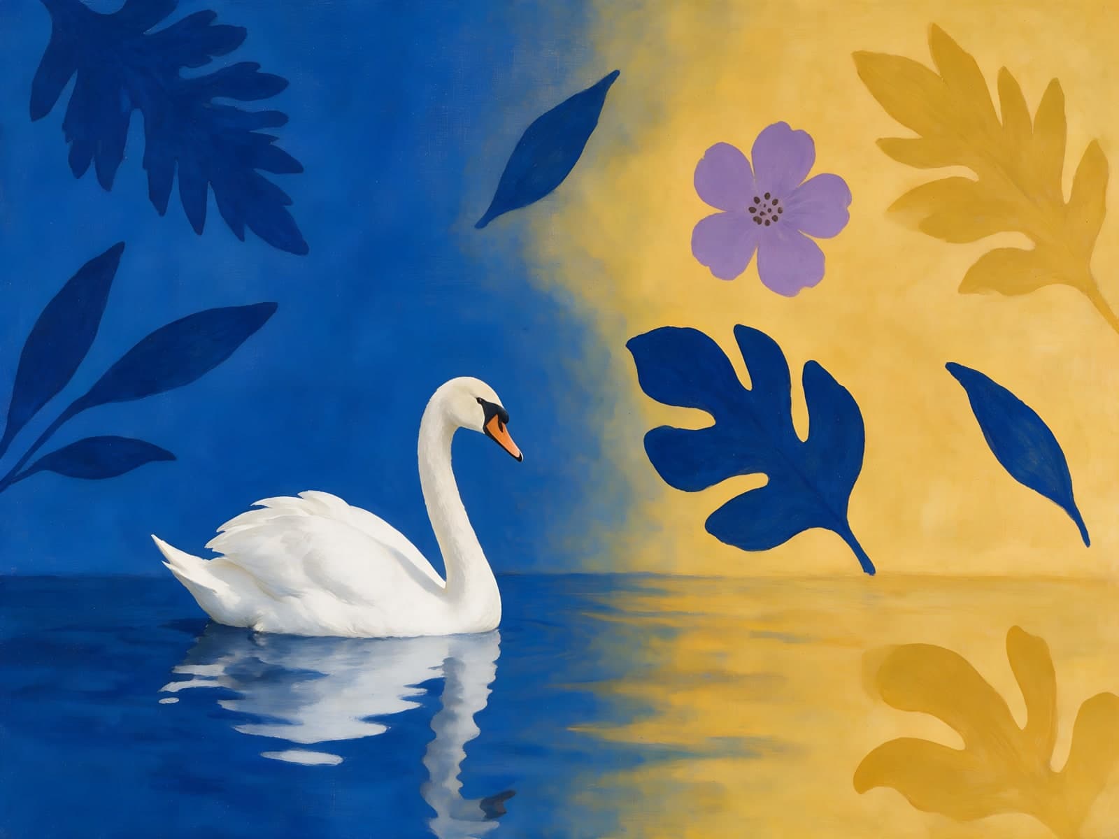 Zwaan tussen blauwe en gele bladeren