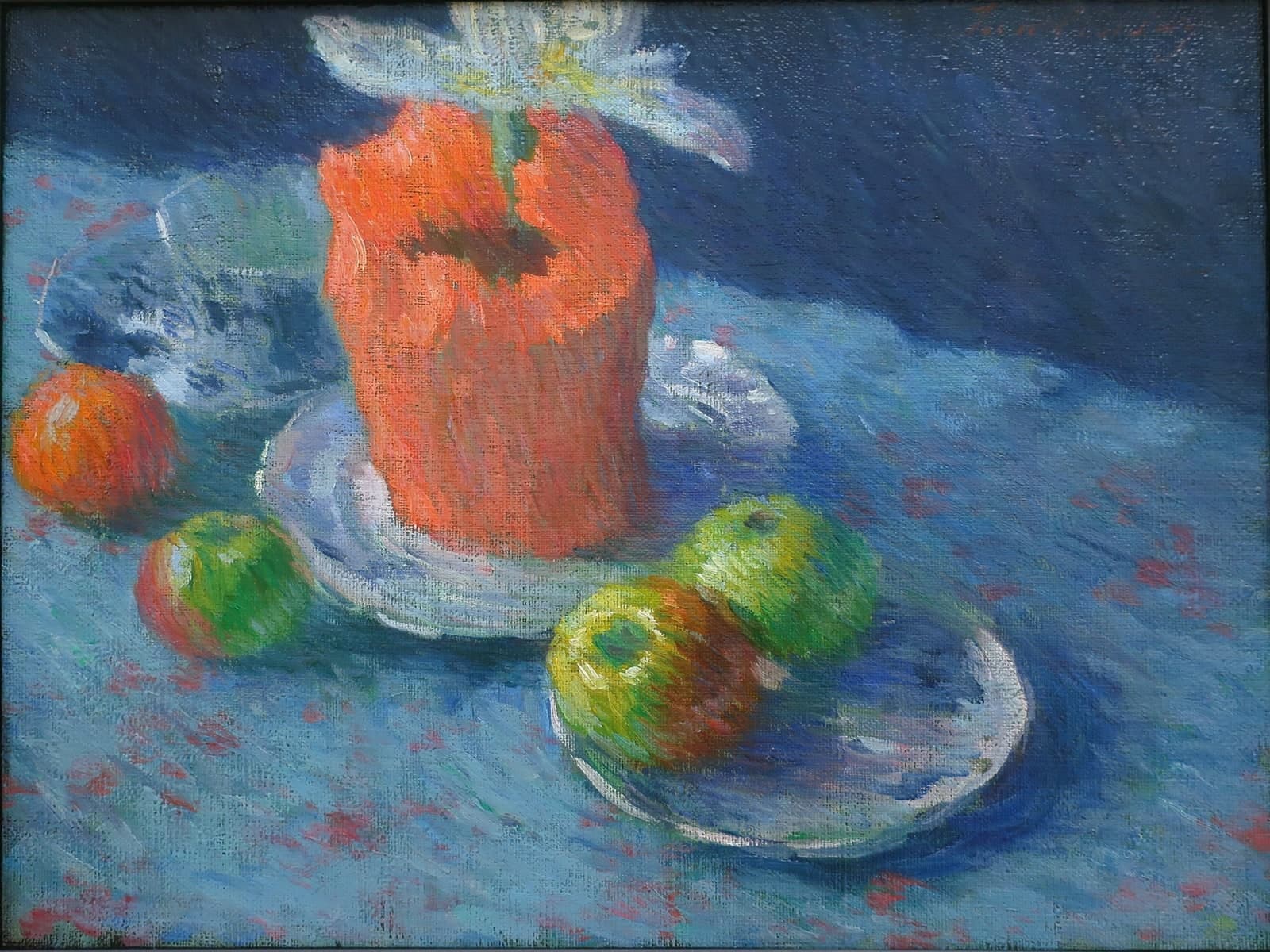 Stilleven met appels en een oranje vaas