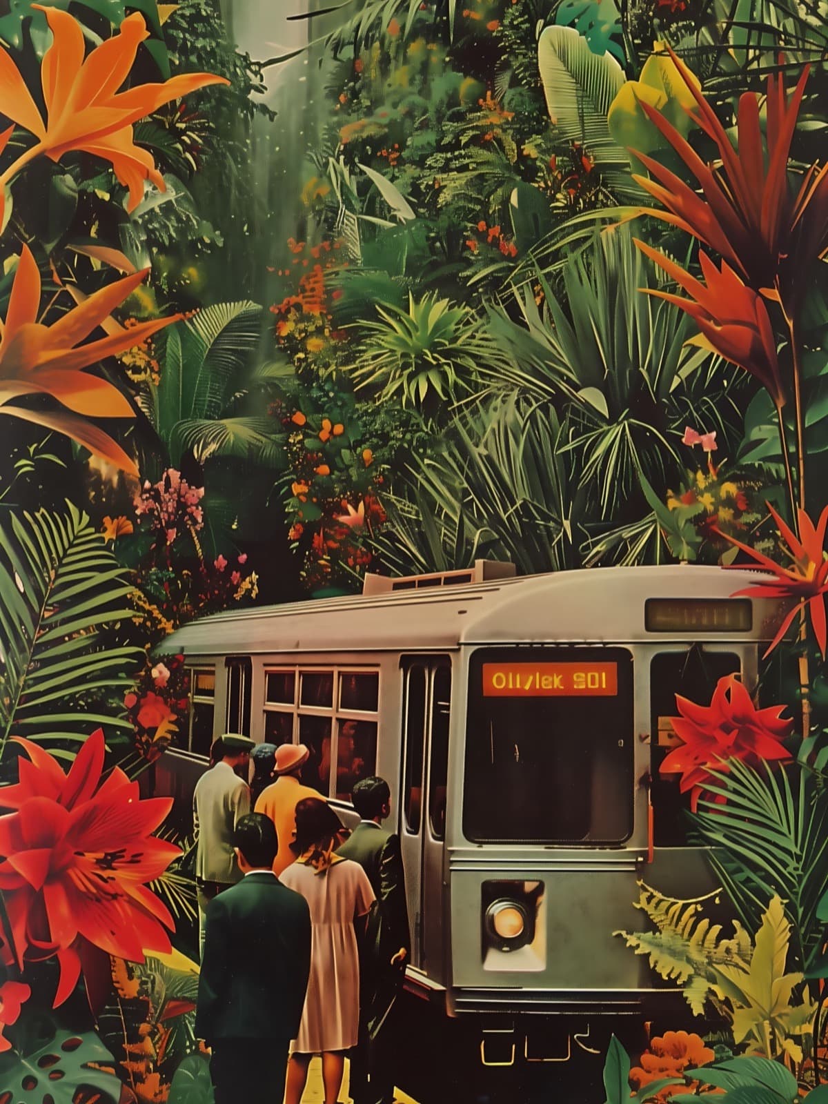 Tram tussen jungleplanten en rode bloemen
