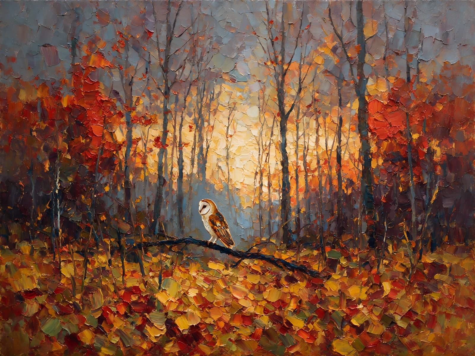 Uil op een tak in herfstbos
