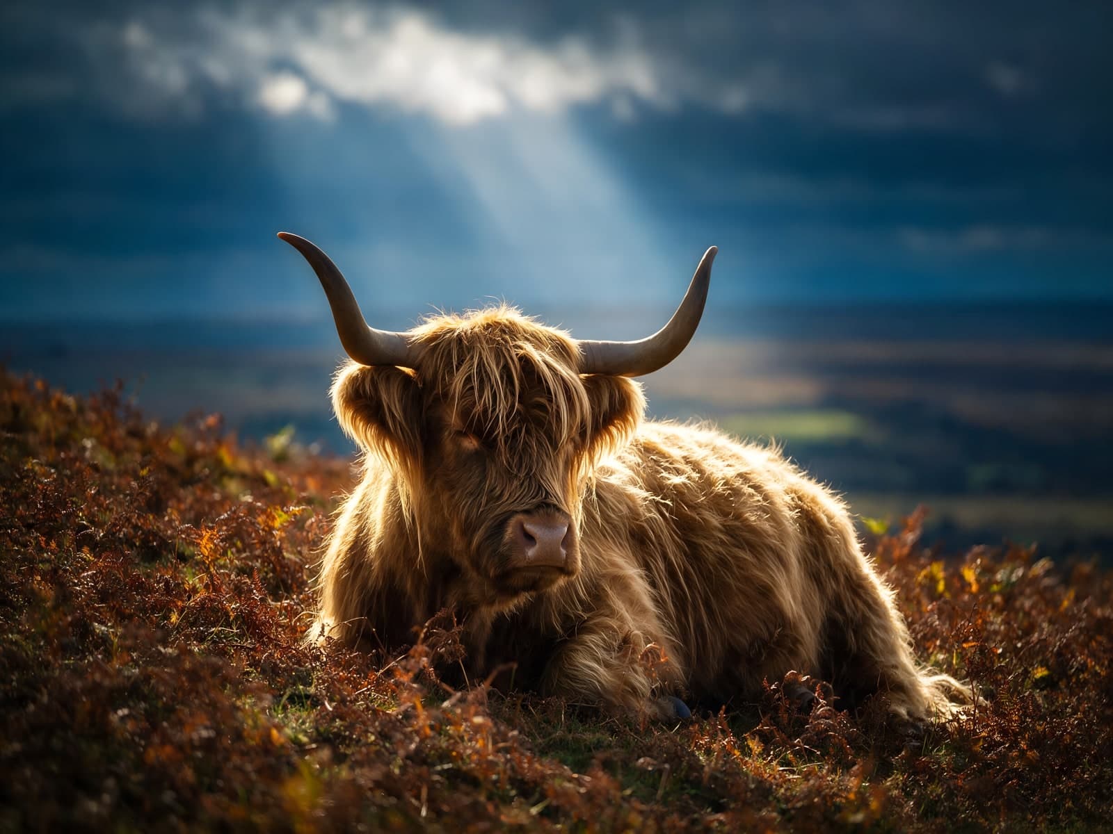 Hooglander rust op heide in zonlicht