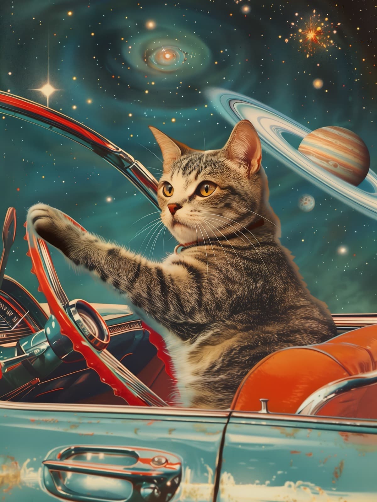 Kat achter het stuur met Saturnus