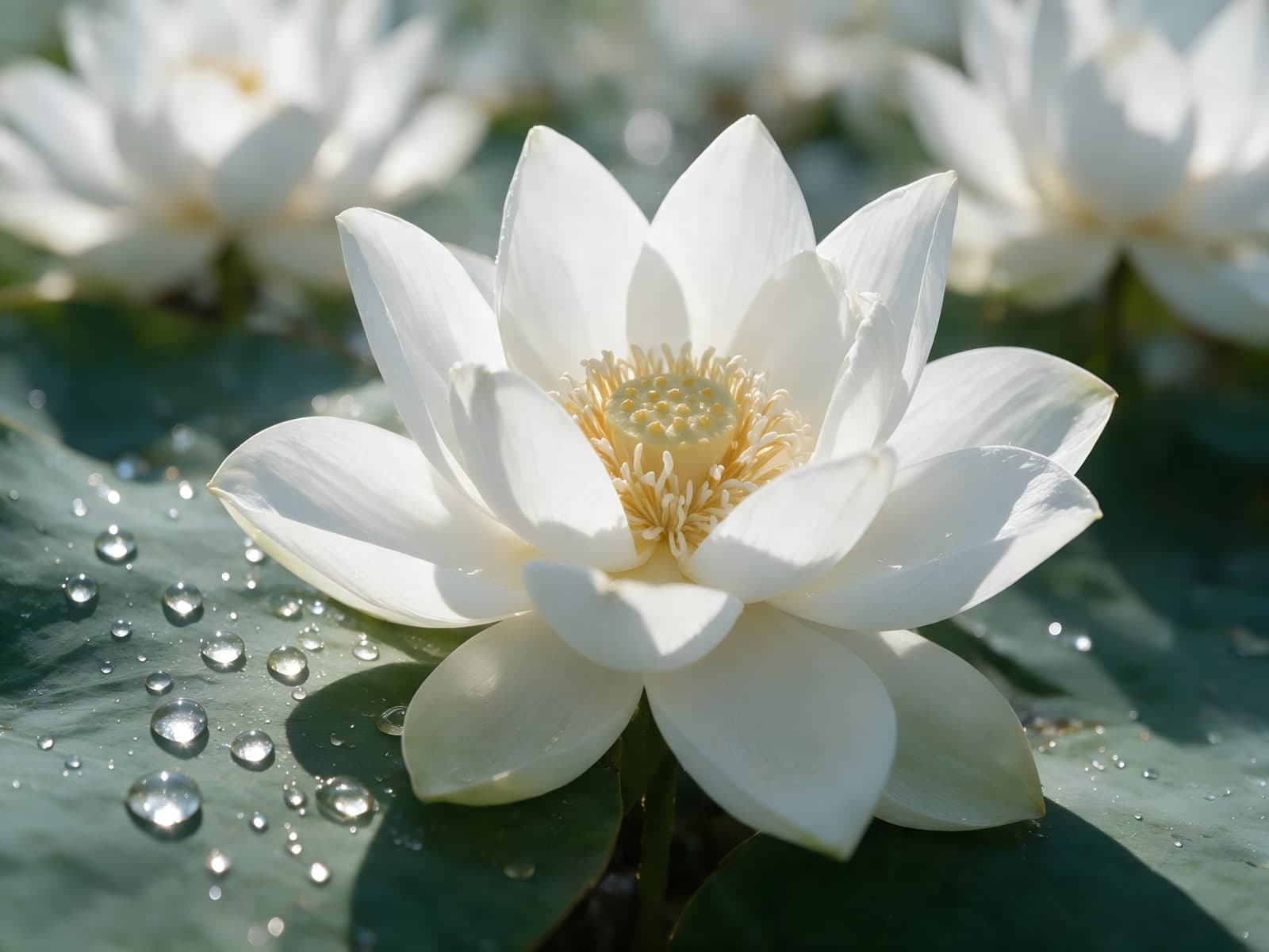Witte lotus met waterdruppels op groen blad