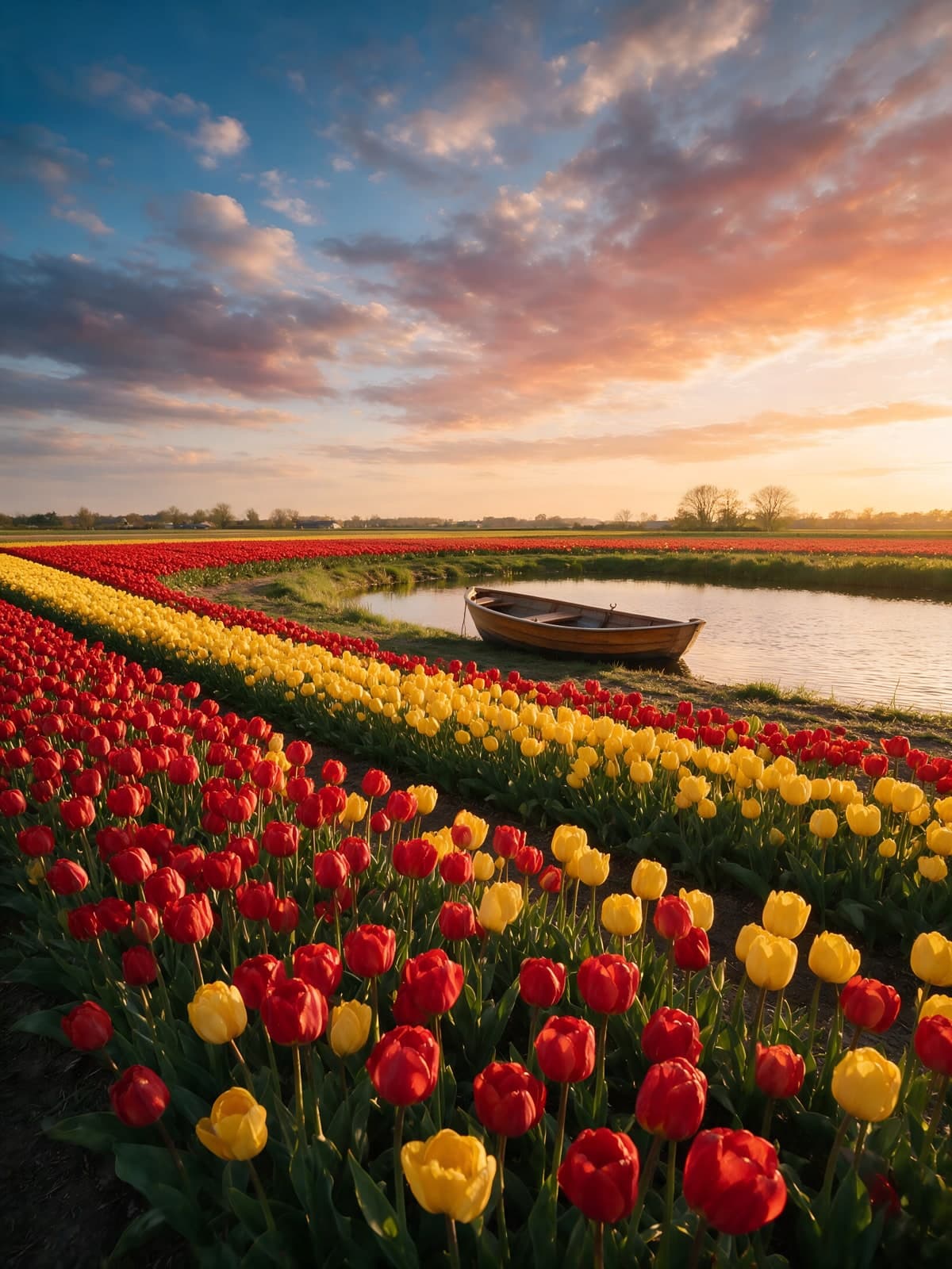 Tulpenrijen langs het water met een bootje