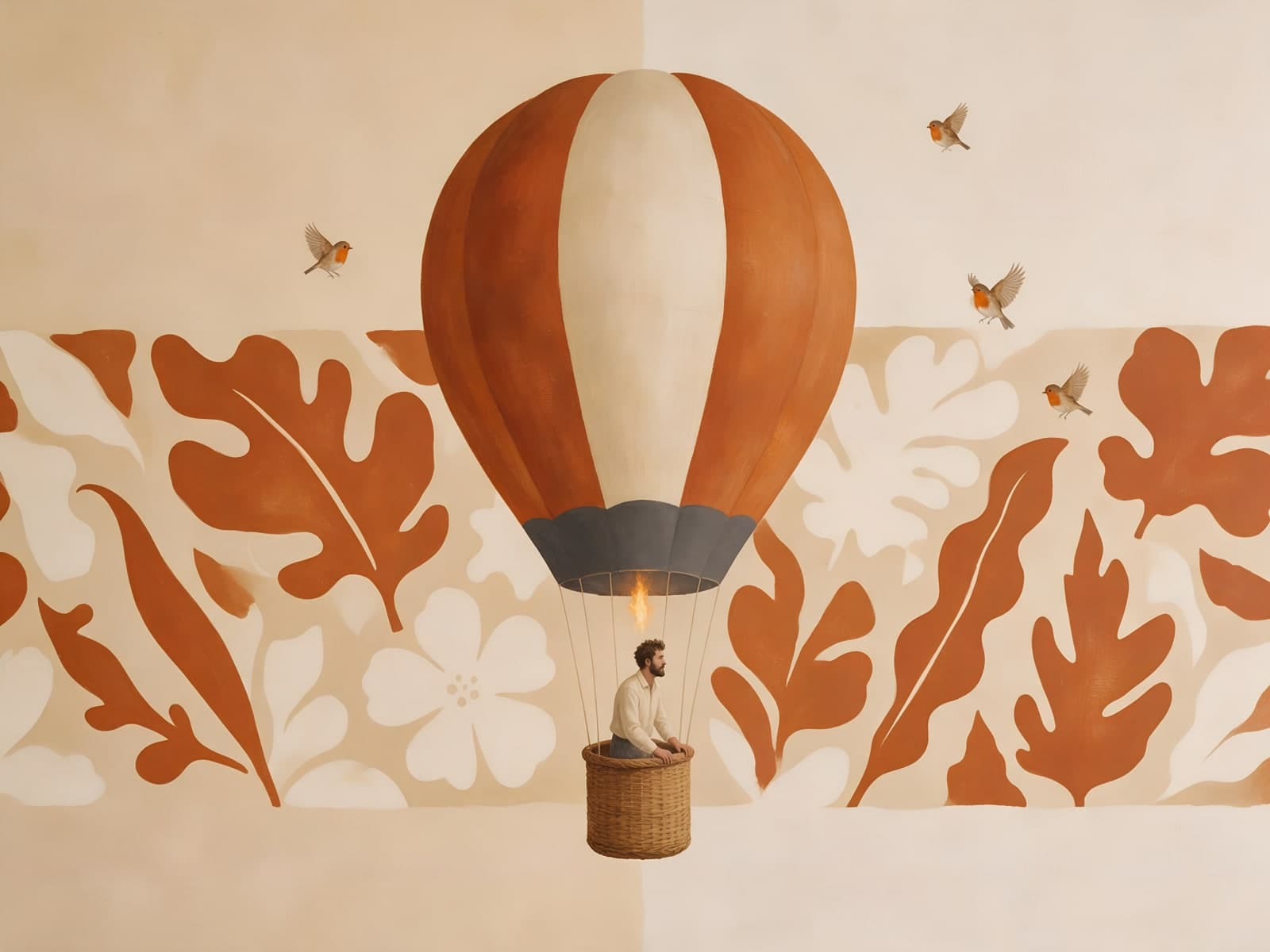 Man in luchtballon tussen terracotta bladeren