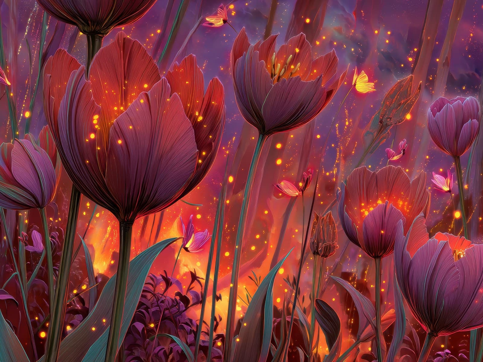 Paarsrode tulpen met vuurvliegjes
