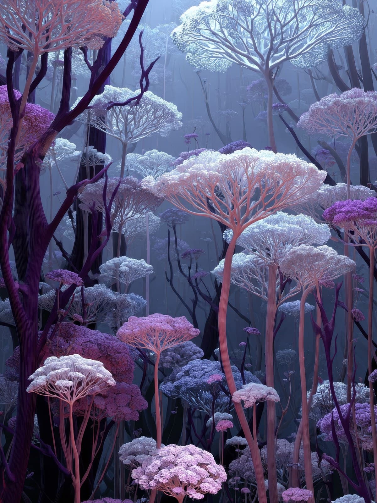 Roze paarse boomvormige planten in de mist