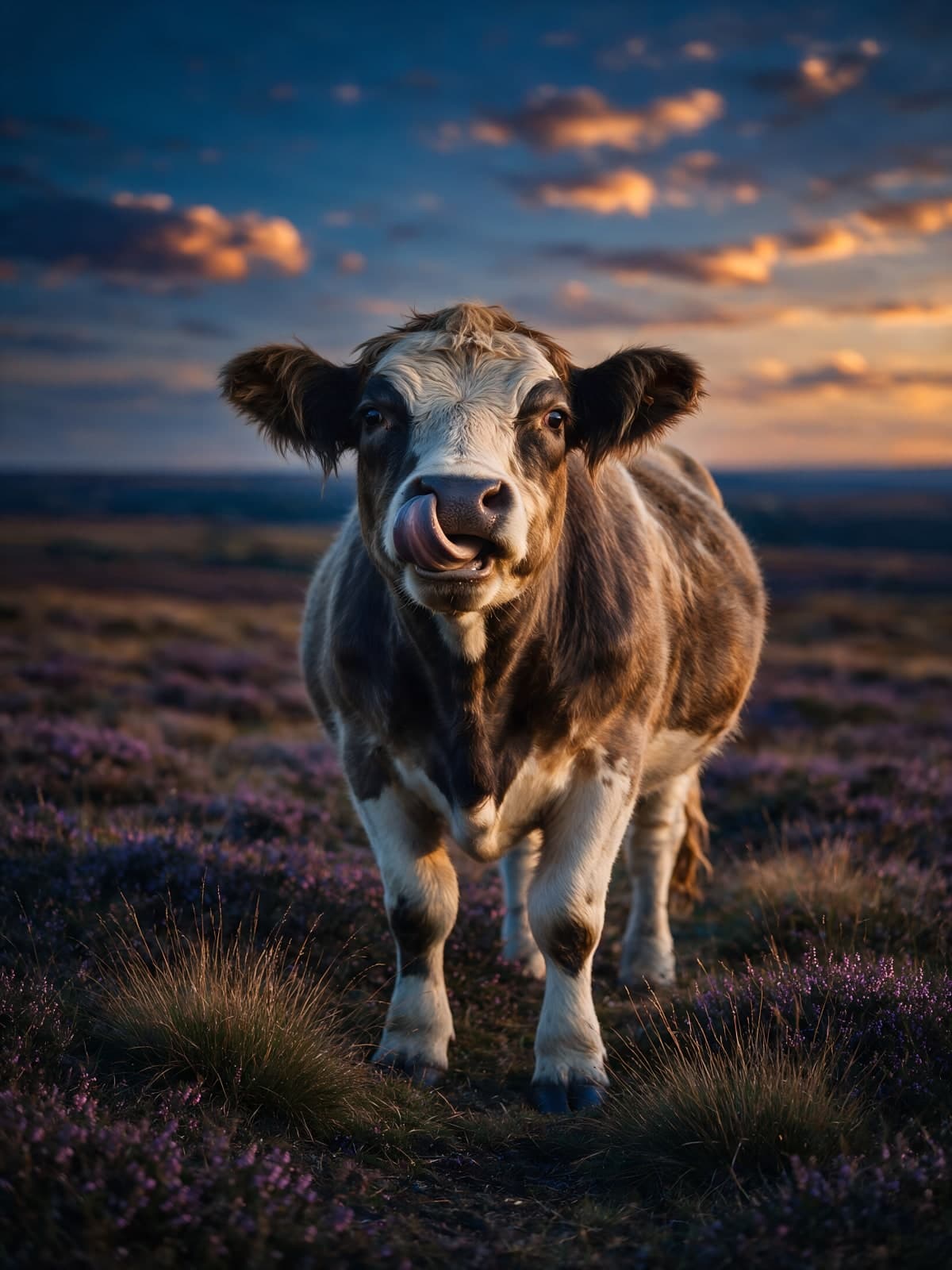Koe in paarse heide bij avondlicht