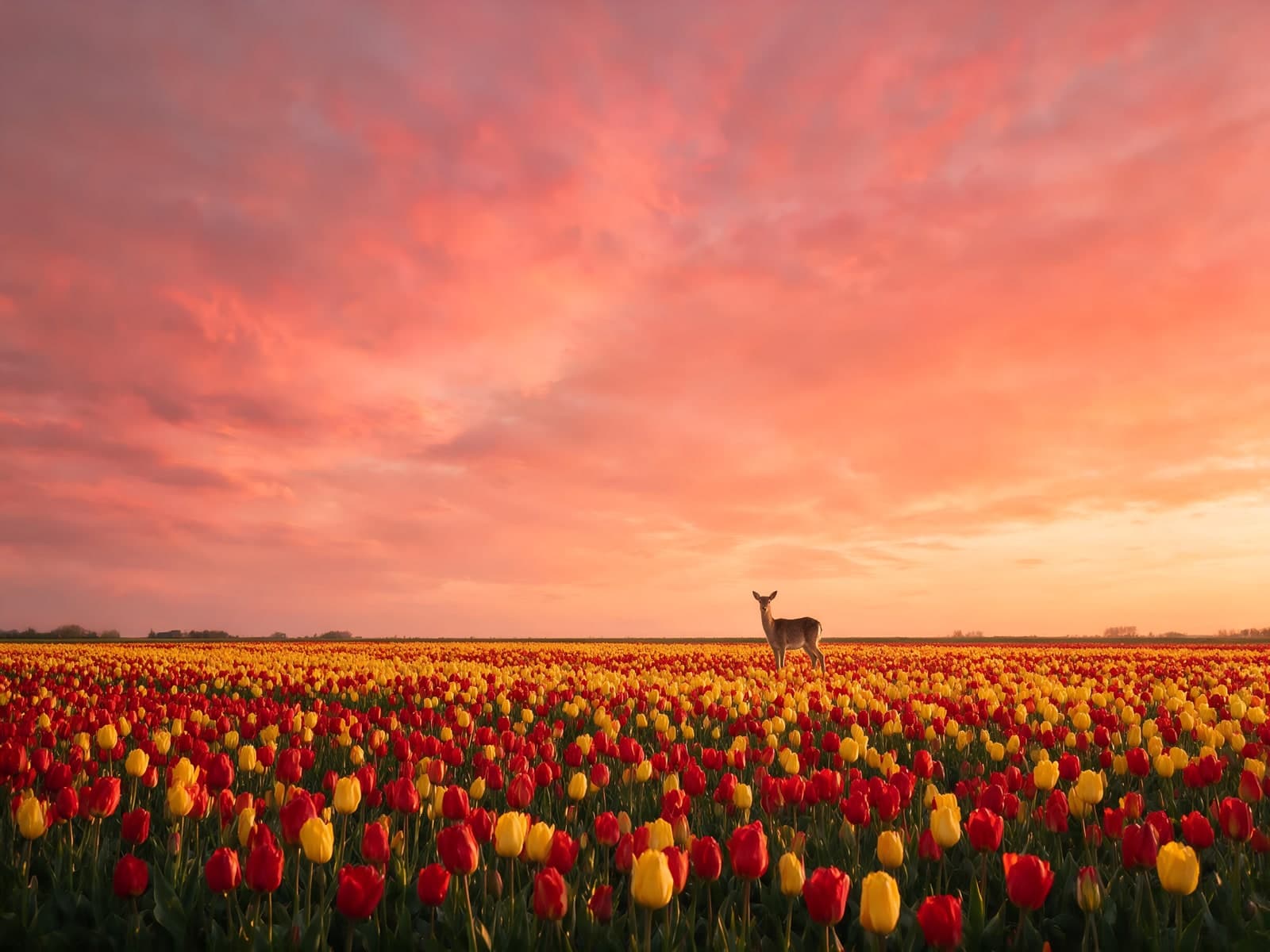 Hert tussen tulpen onder een roze lucht