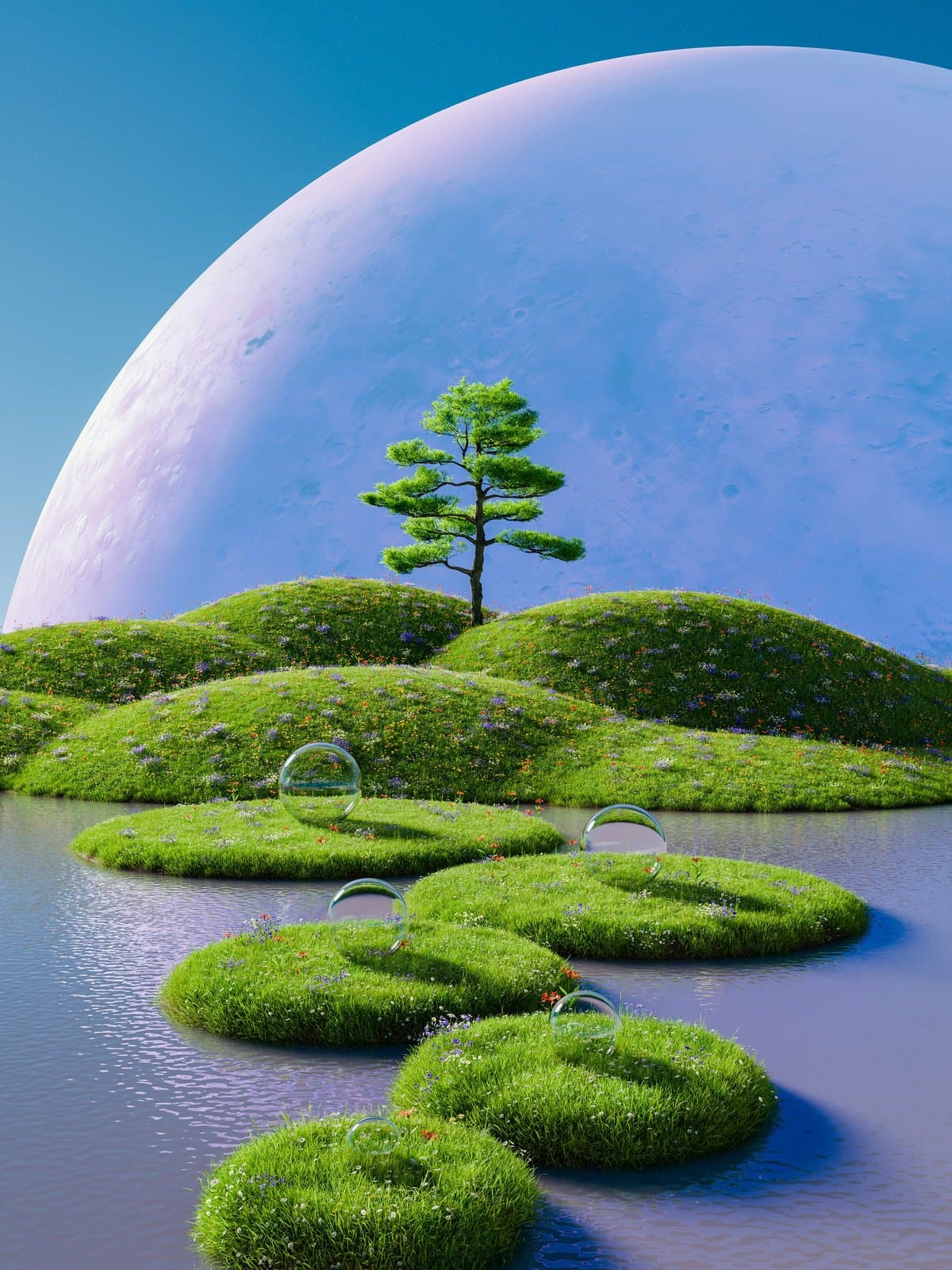 Bleke planeet boven een groen eiland