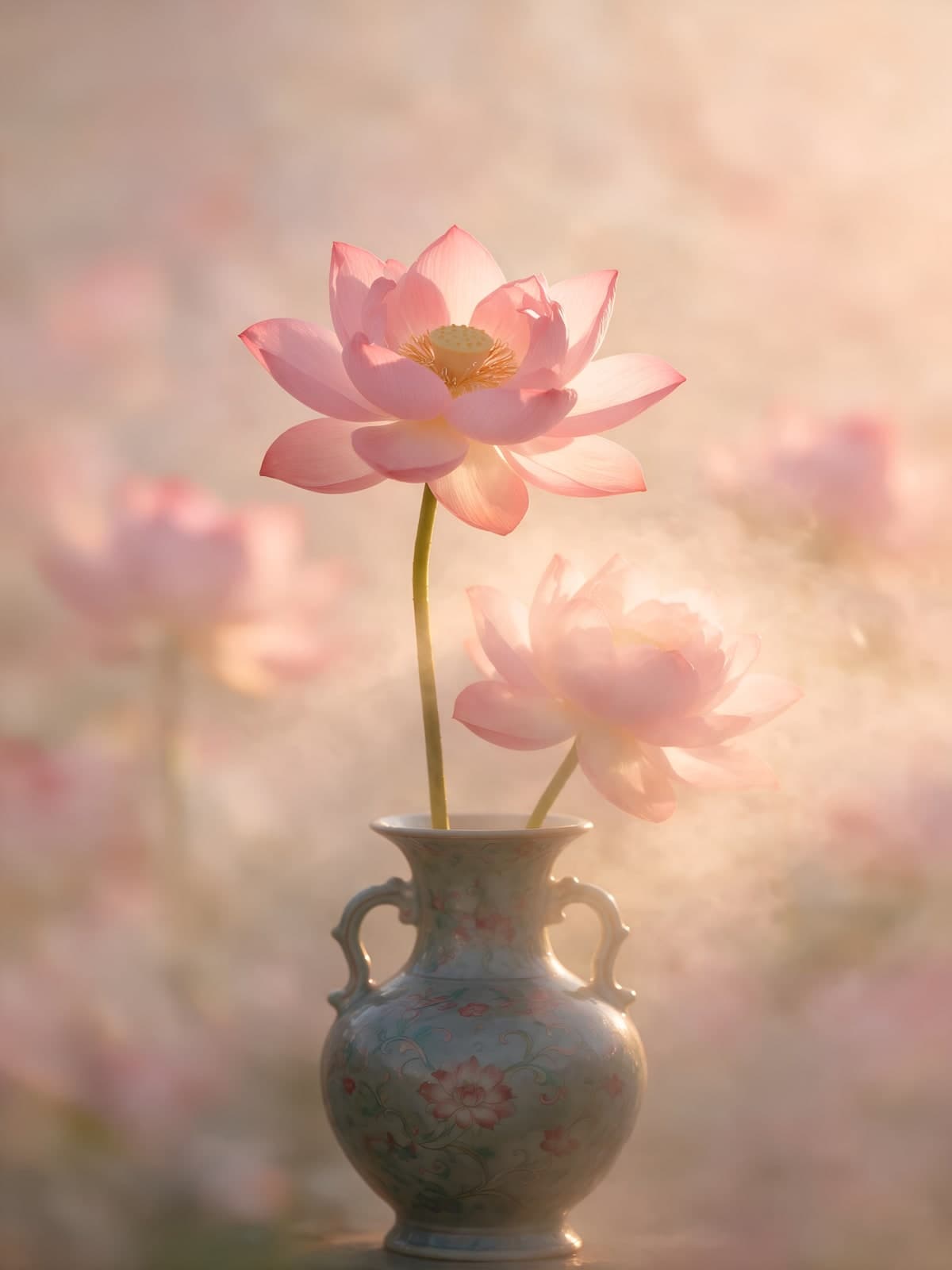 Roze lotusbloem in sierlijke vaas