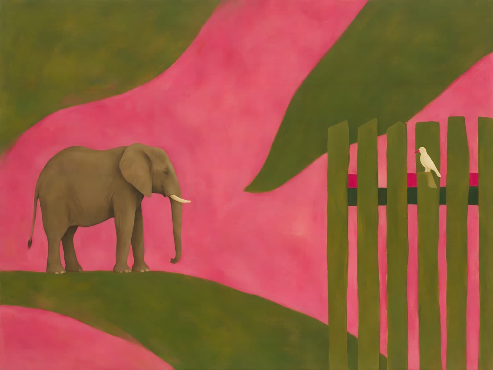 Olifant bij groen hek op roze vlak