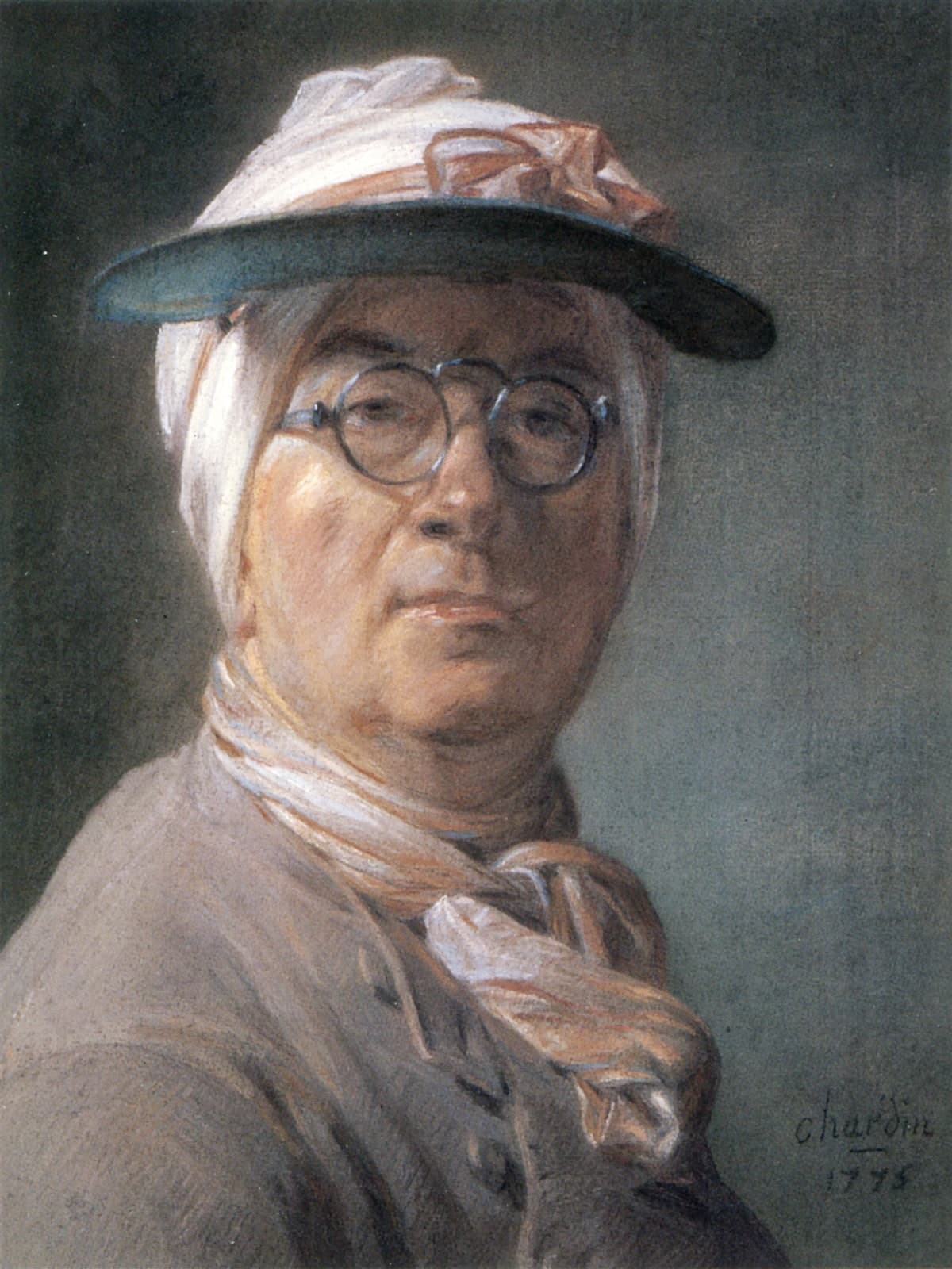 Zelfportret met bril en een roze strik