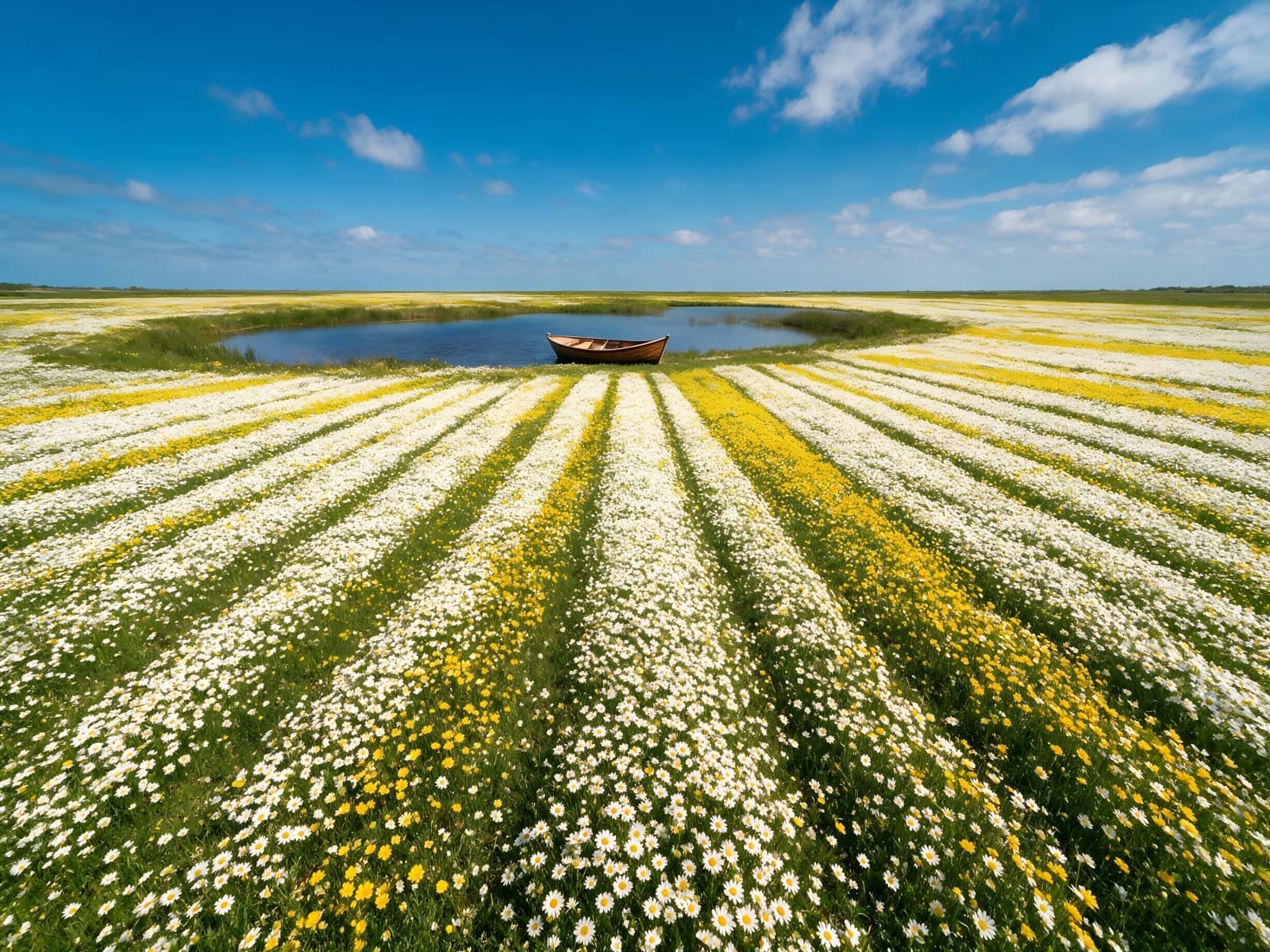 Witte bloemenrijen naar een meertje