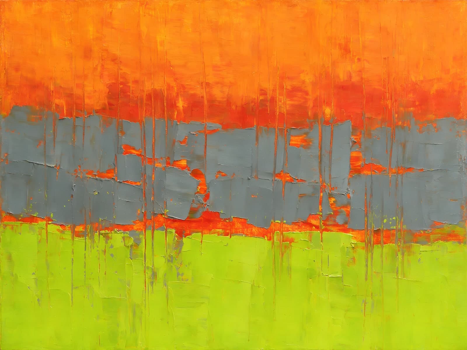 Oranje lucht boven grijs en limoengroen vlak