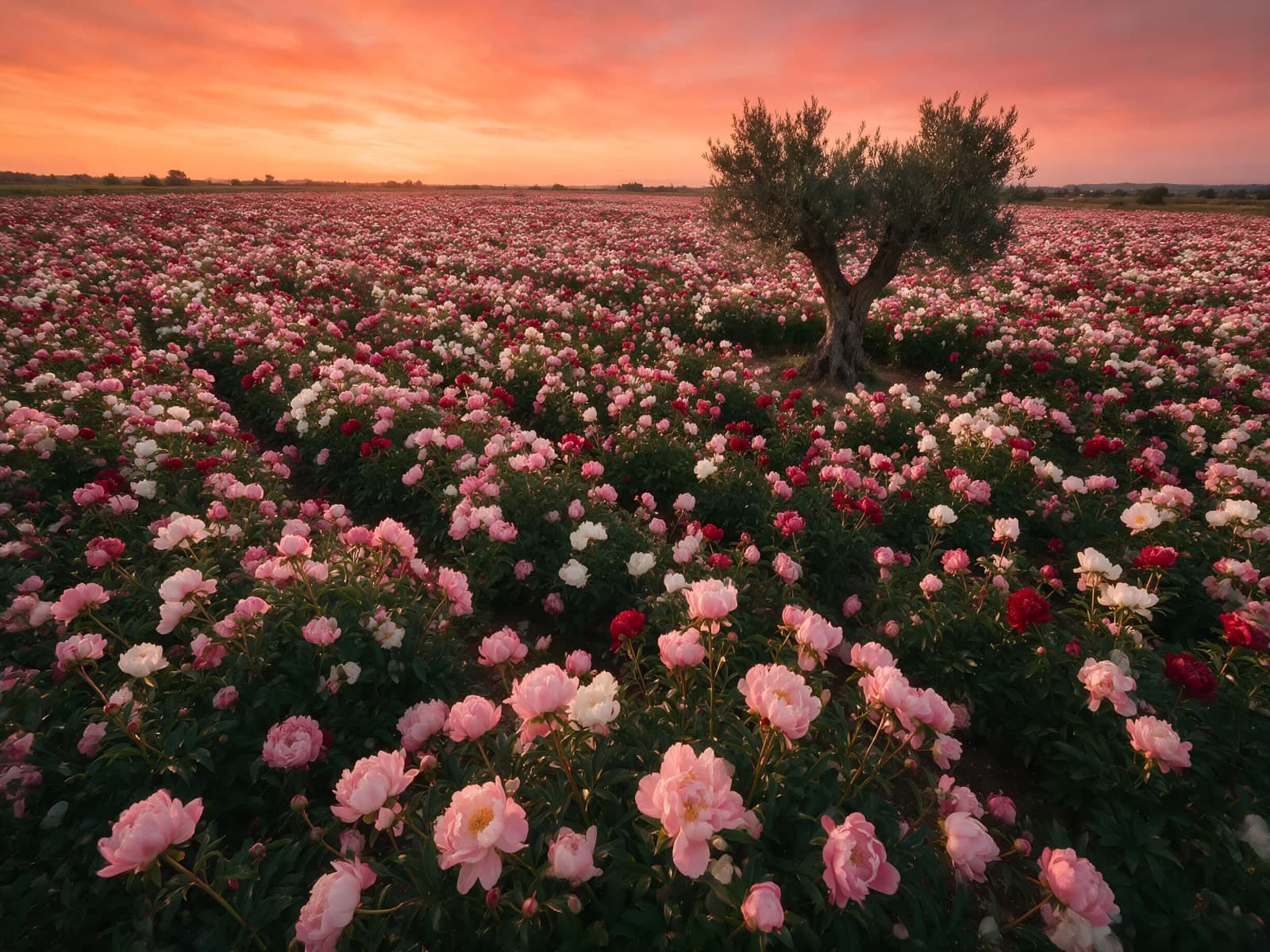 Pioenenveld met olijfboom bij zonsondergang