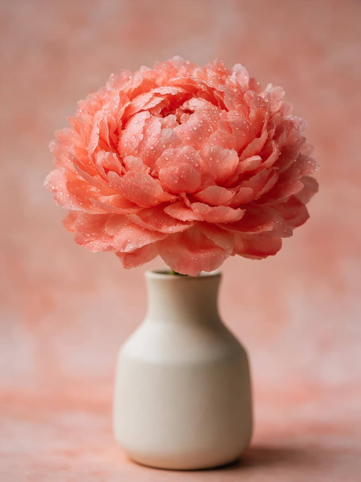 Roze pioen in een crèmekleurige vaas