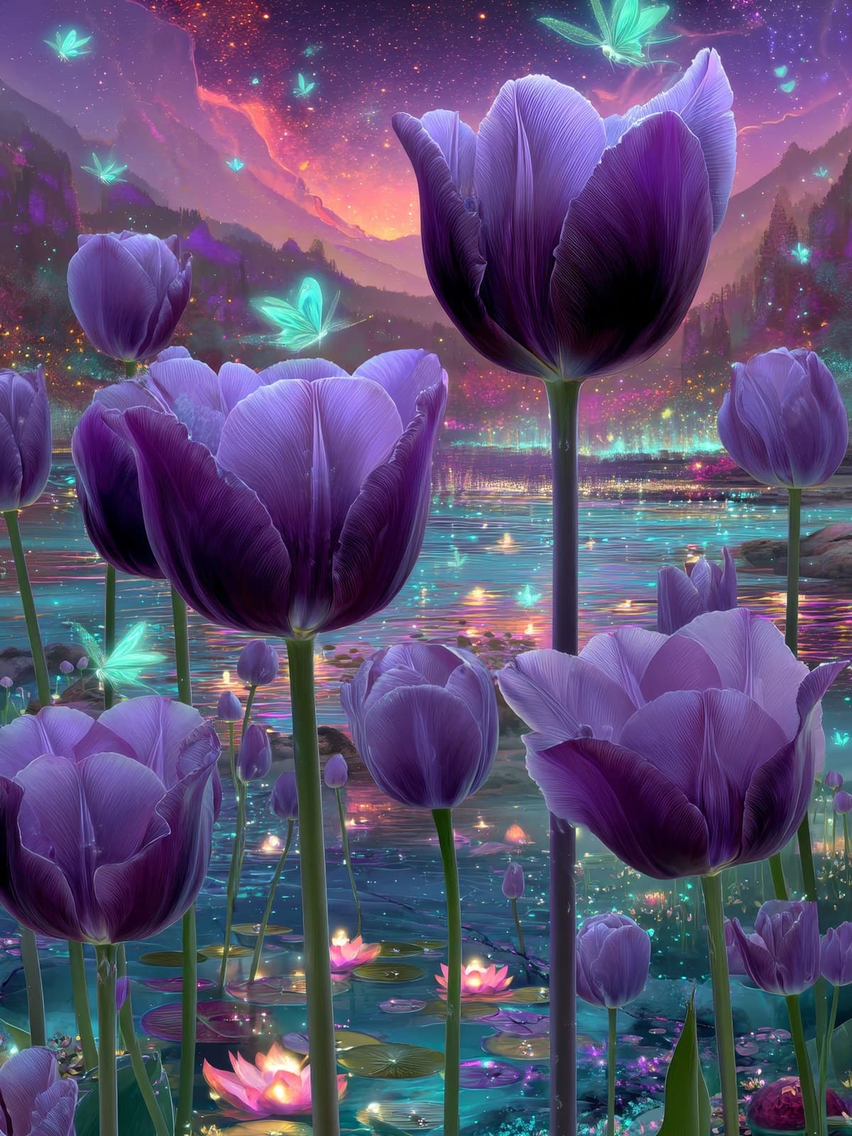 Donkere tulpen langs een glinsterend water