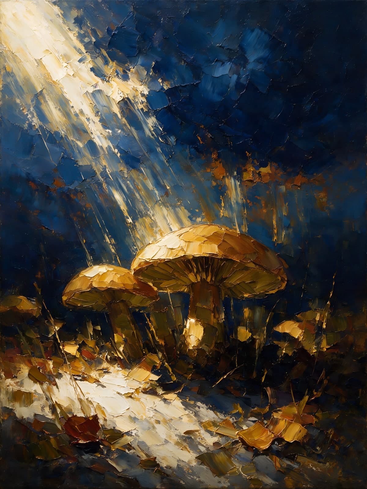 Gouden paddenstoelen in een lichtstraal